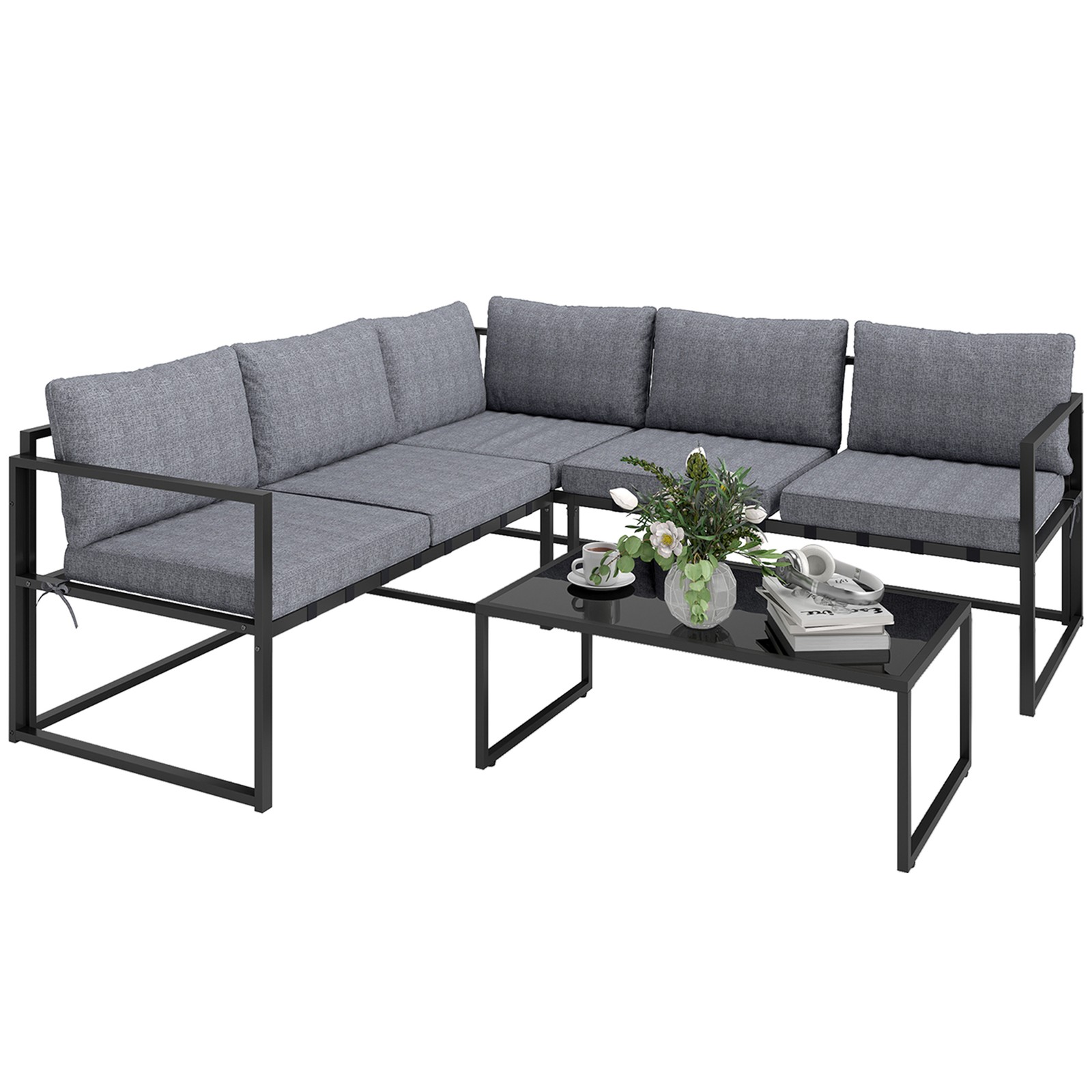 Outsunny 3 Piece L Shaped Garden Furniture Set with Cushions, Grey