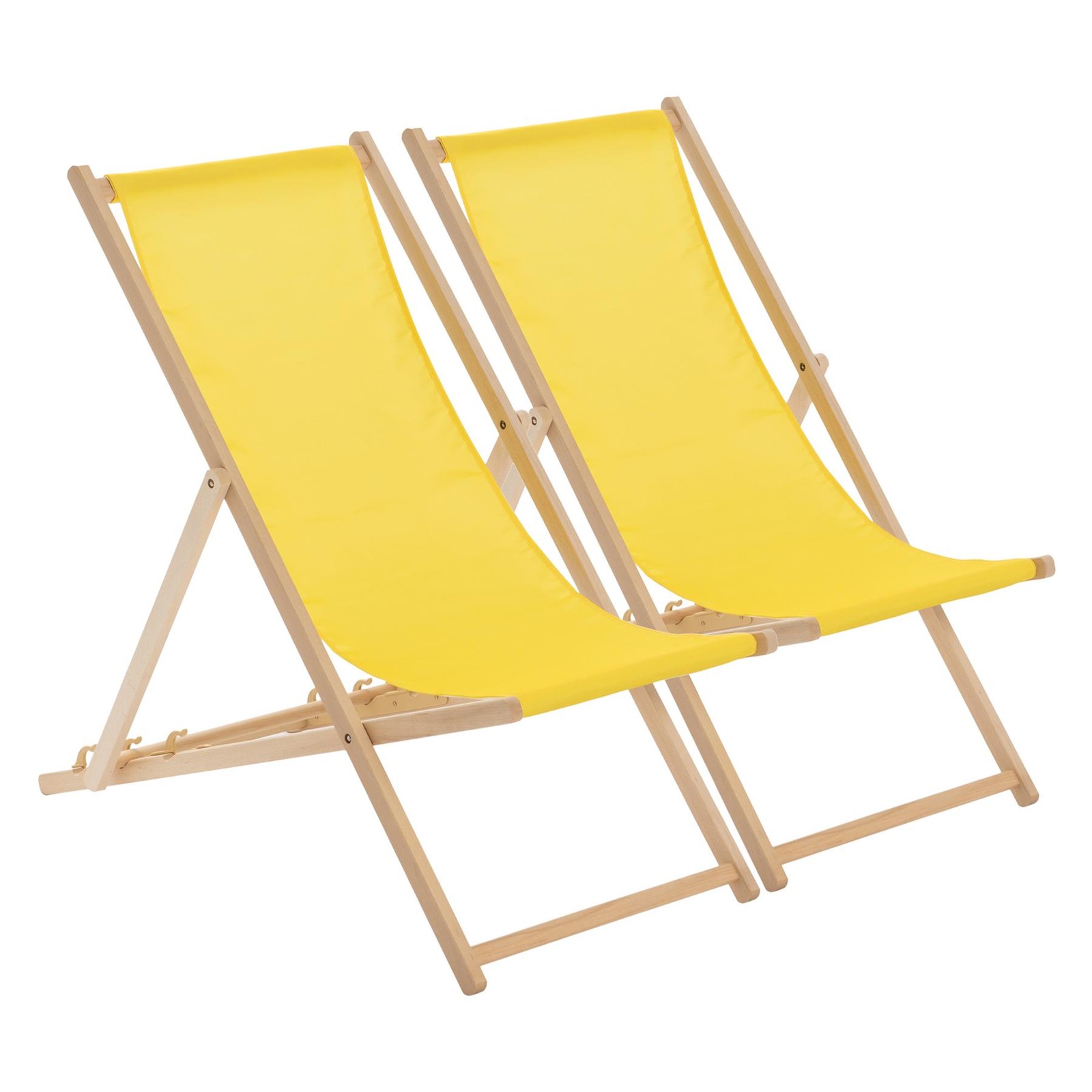 2x Folding Wooden Deck Chairs Adjustable Reclining Canvas Beach Lounger Yellow