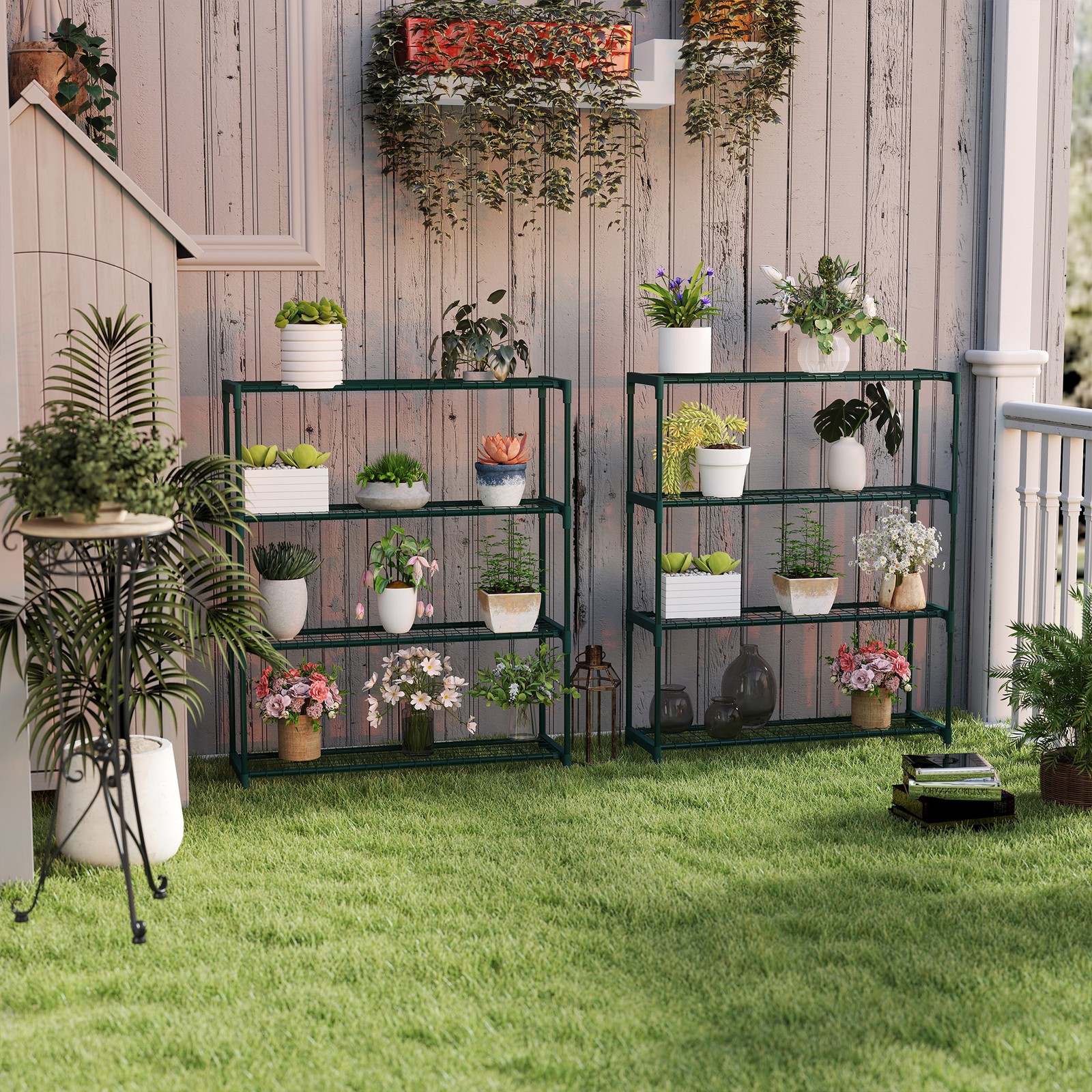 Outdoor Plant Stand, 4-Tier Planter Holder Flower Display Rack, Dark Green