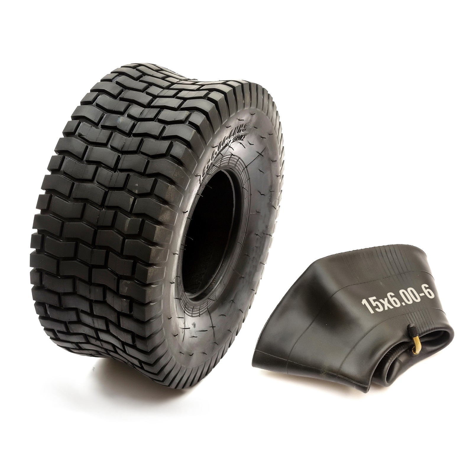 Tyre 15x6.00-6 & Inner Tube Bent Valve Lawn Mower Grass Safe Chevron Turf Tread