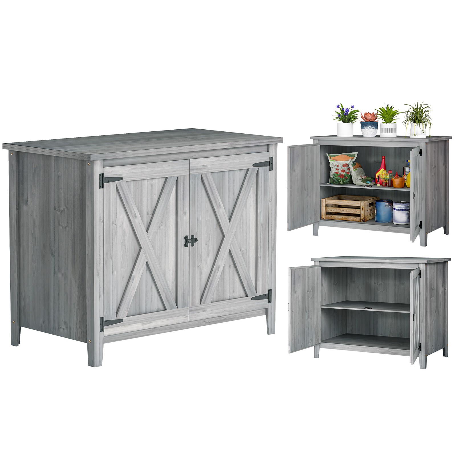 Outsunny Wooden Garden Shed Tool Cabinet 110 x 60 x 88.5 cm, Light Grey