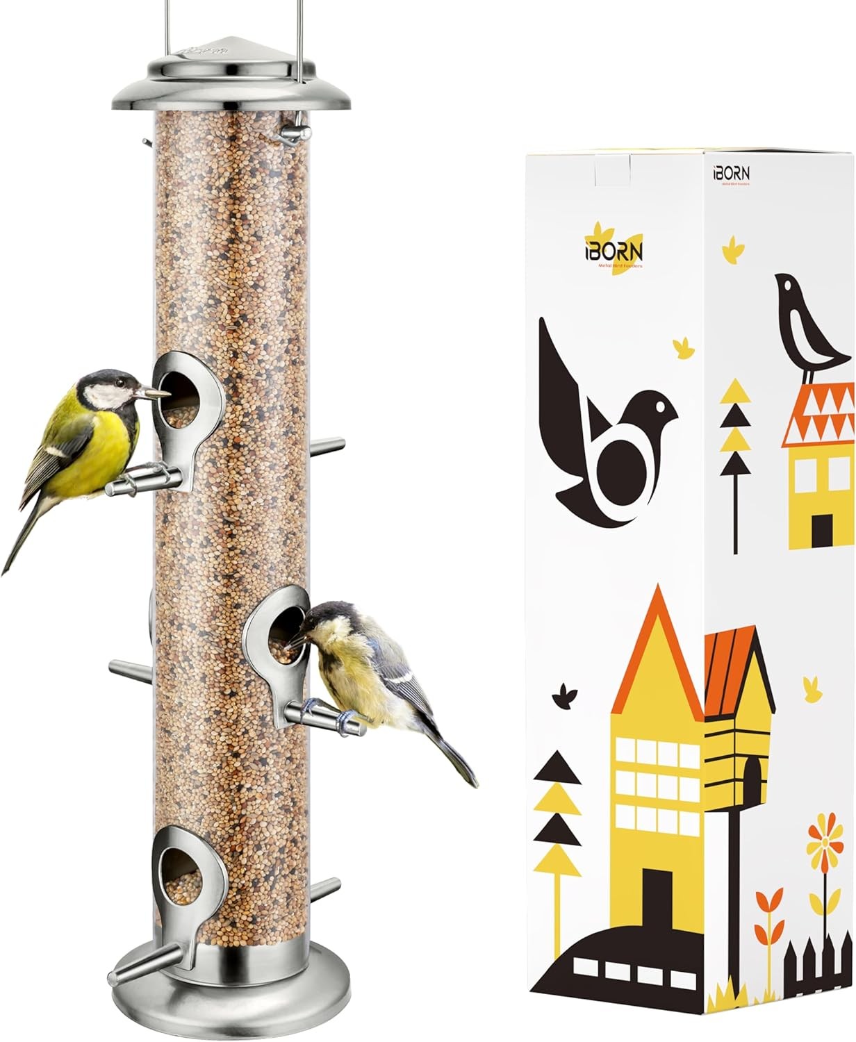 iBorn Metal Bird Feeders 6 Ports Hanging Wild Bird Seed Feeder for Mix Seed Ble