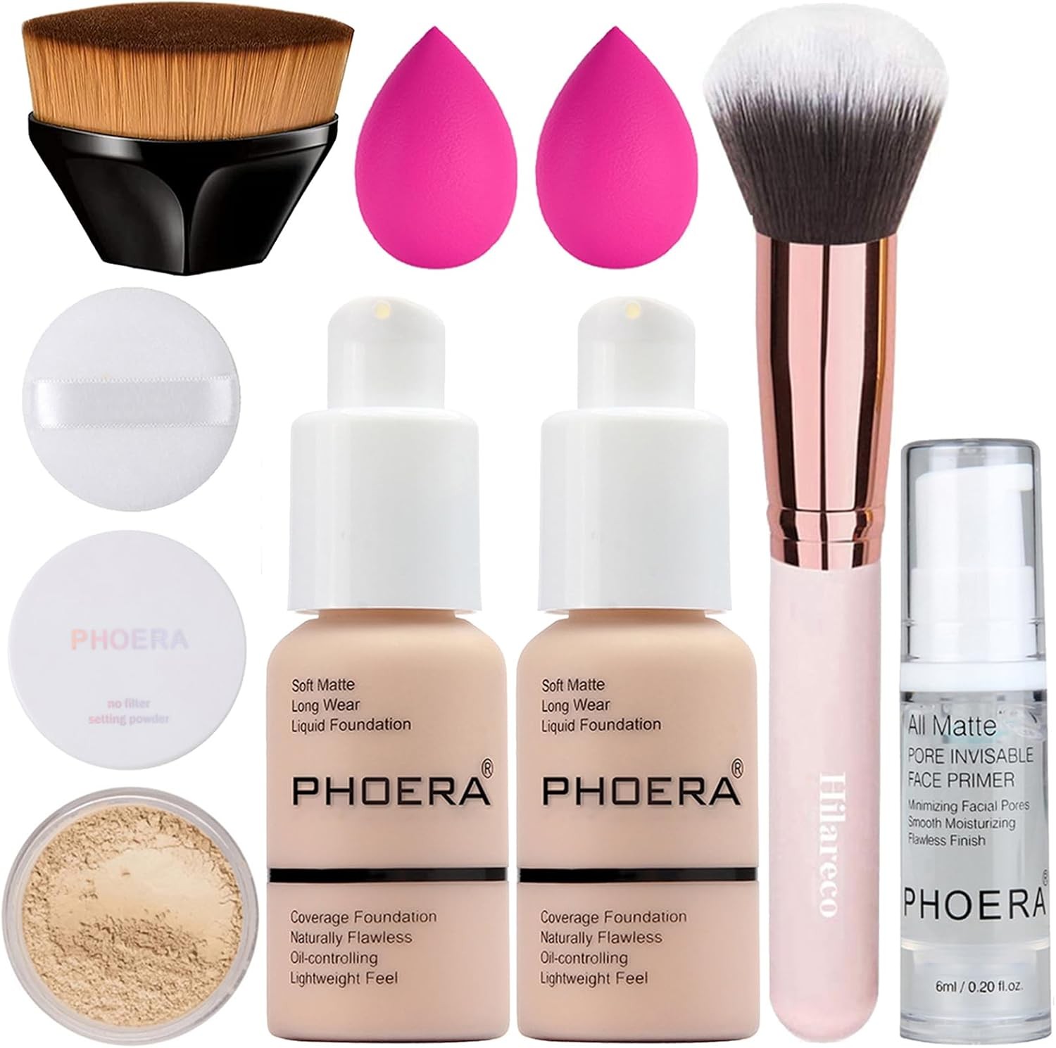 PHOERA Makeup Set - Full Coverage Foundation, Kabuki Makeup Brushes, Powder, 2