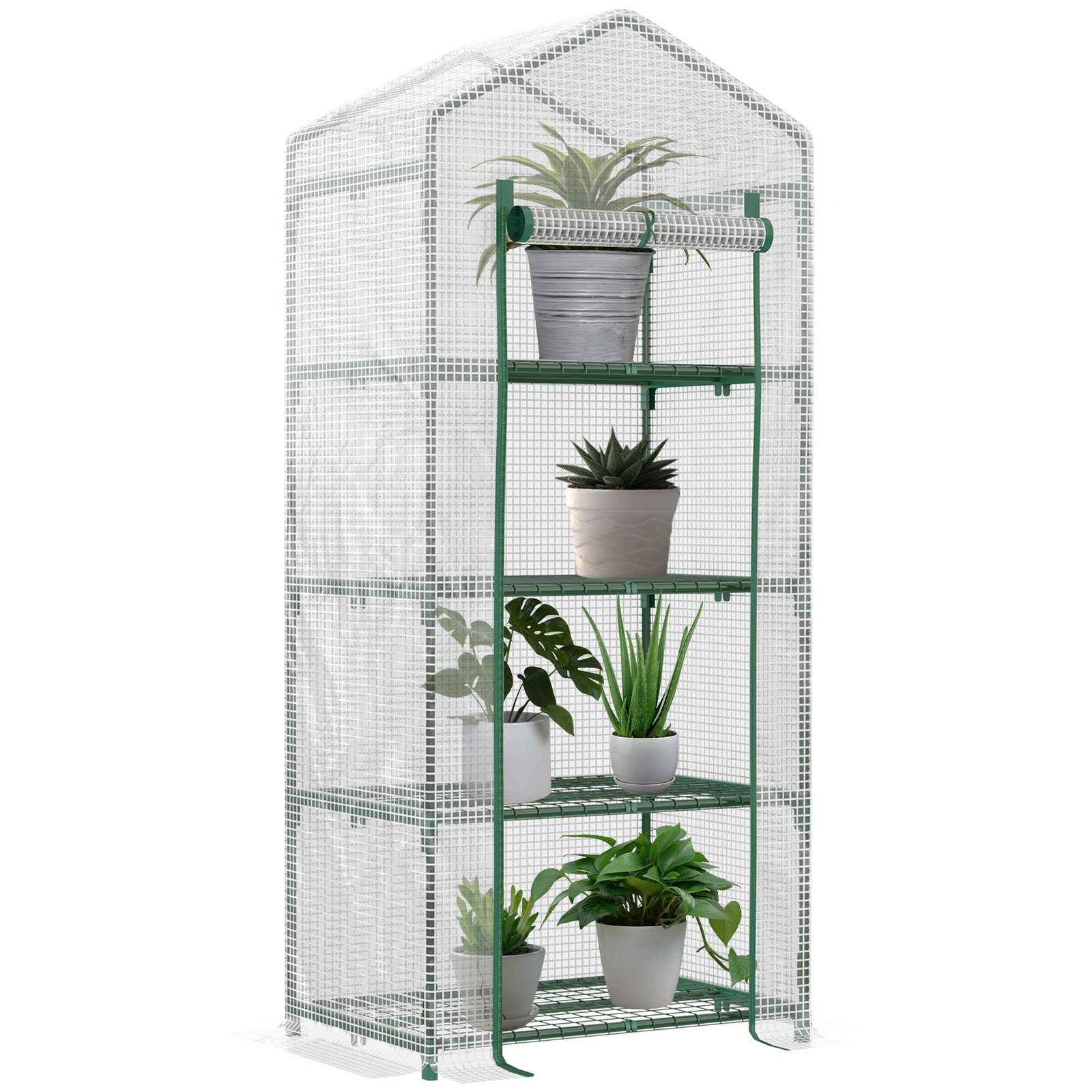 Outsunny Mini Greenhouse 4-Tier Portable Plant House Shed w/ PE Cover, White