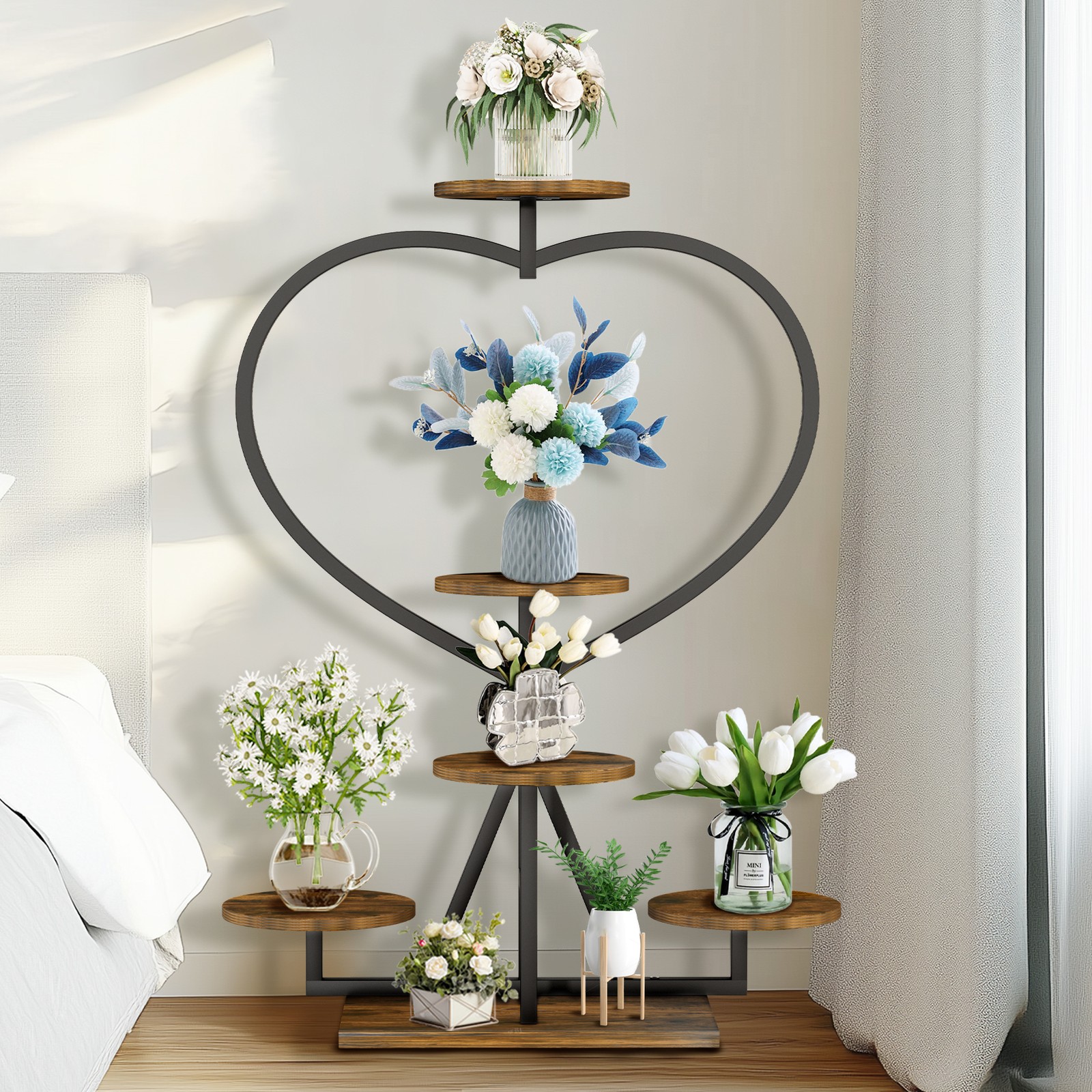 Industrial Metal Plant Stand Corner Wood Flower Shelf Holder for Indoor Outdoor