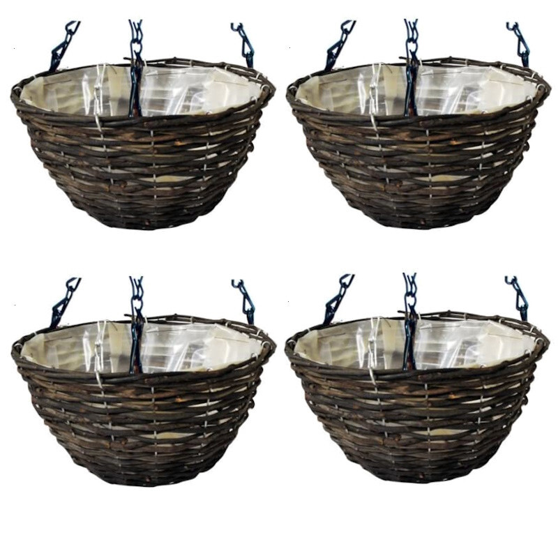 4 x 14″ Hanging Flower Basket Planter's Rattan Wicker Round With Chains & Liners