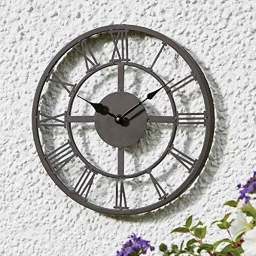 Large Garden Wall Clock 13'' Indoor Home Open Face Outdoor Round Decor Grey