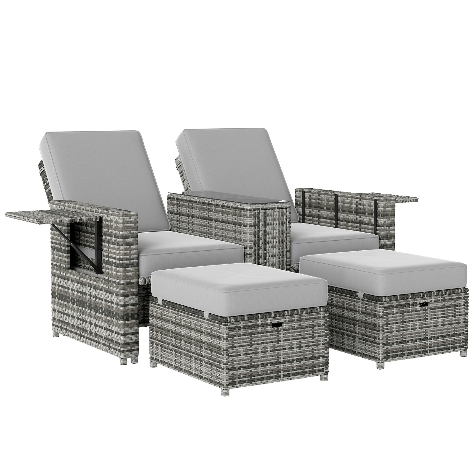 Outsunny Recliner Rattan Sun Lounger w/ Storage Tea Table & Footstools, Grey