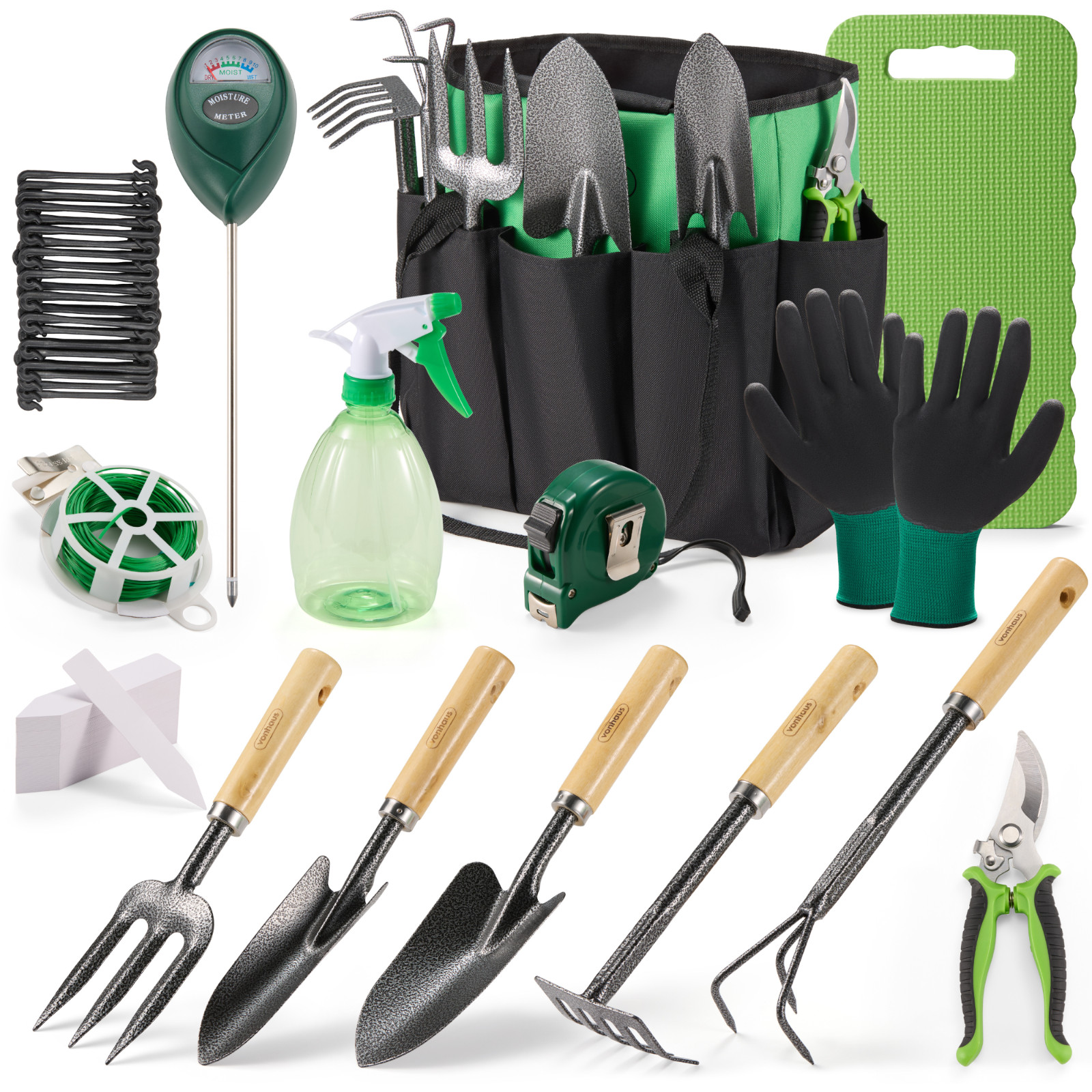 VonHaus Garden Tools Set 15pc, Heavy Duty Gardening Hand Tool Kit, Portable Bag