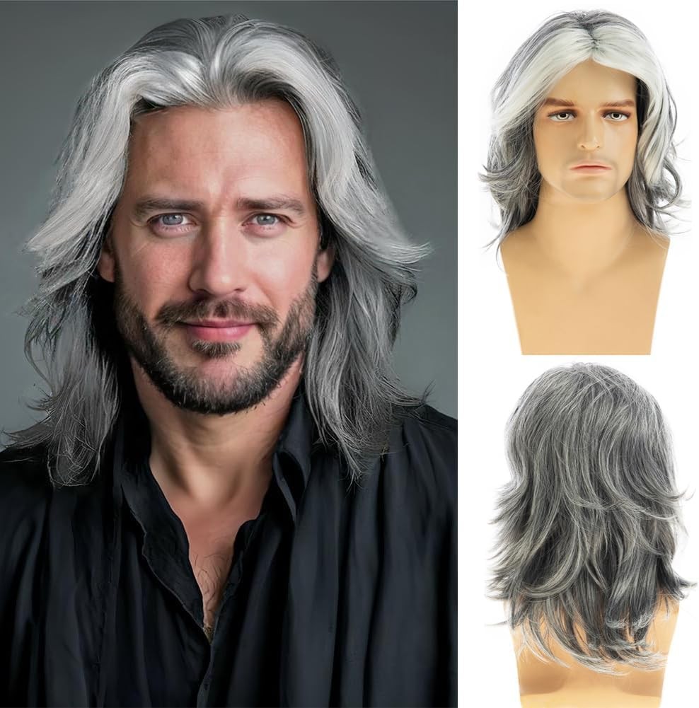 Mens Wig Grey Long Straight Synthetic Heat Resistant Costume Cosplay Hair