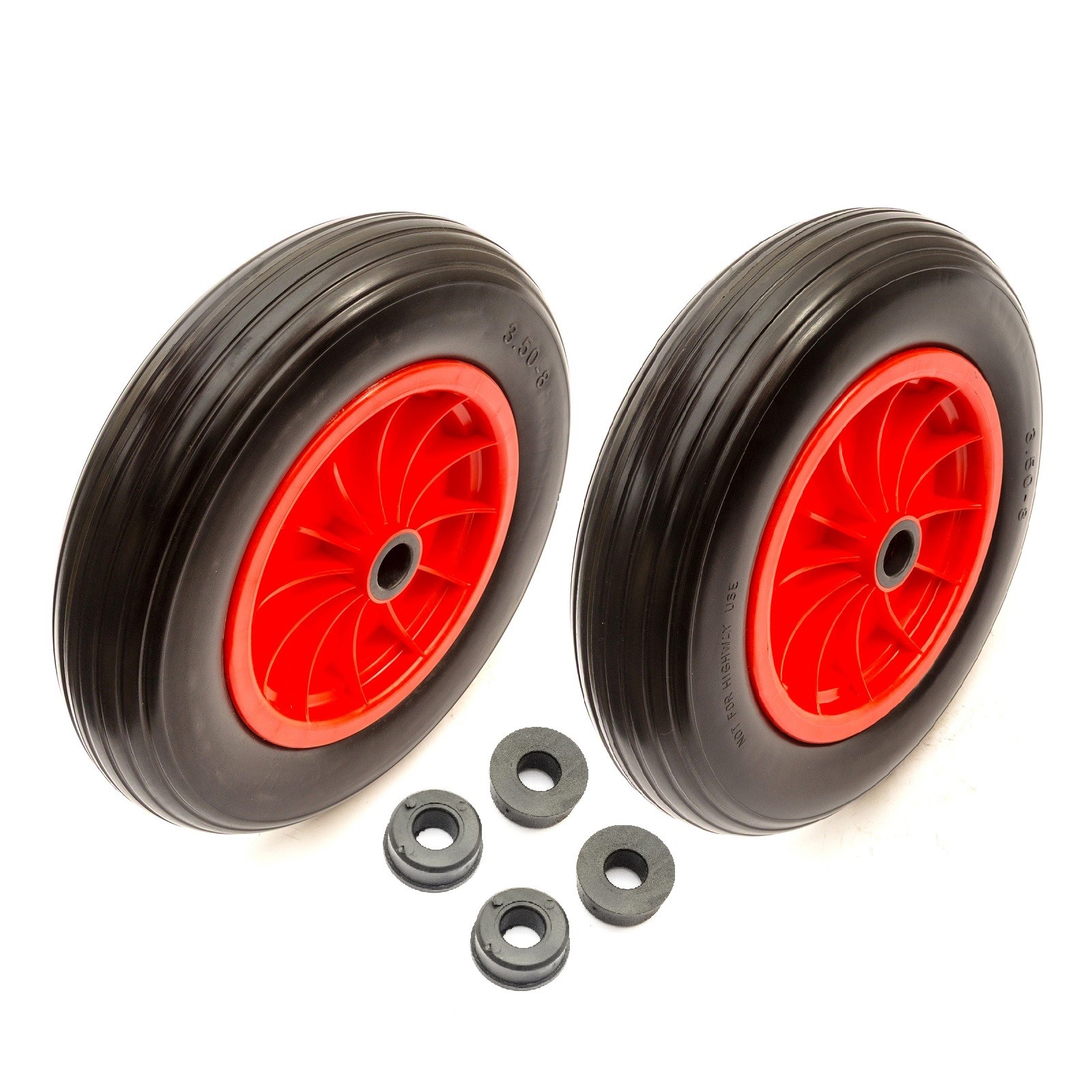 2x 3.50-8 14" Wheel PU Solid Flat Free Tyre 16mm Bushes 75mm Hub Garden Trolley
