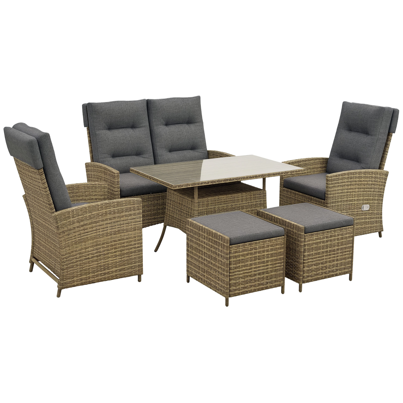 Outsunny Rattan Dining Set for 6, 2 Reclining Chairs with Cushions, Grey