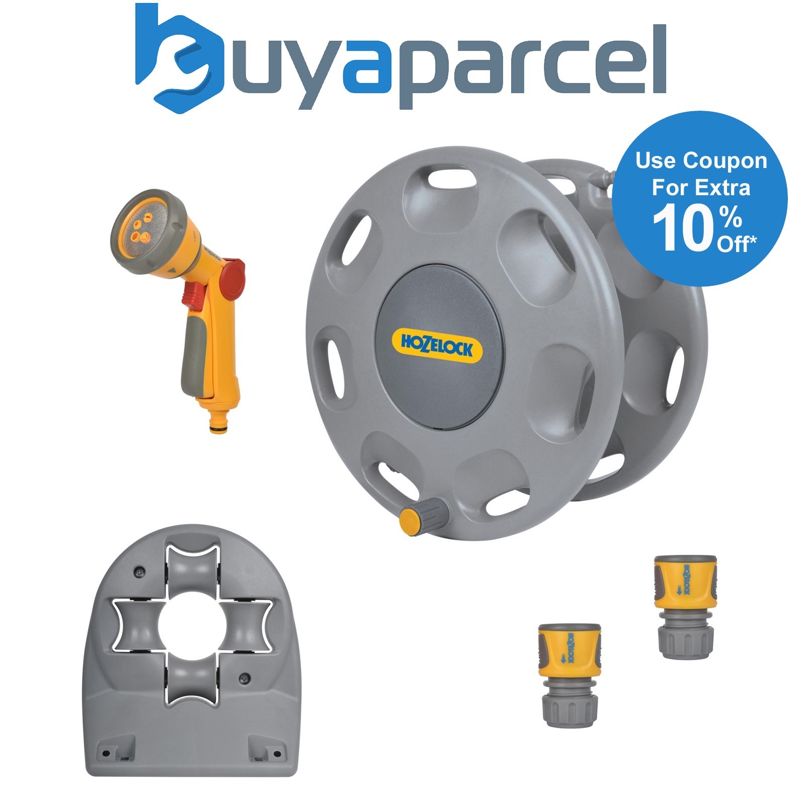 Hozelock 2390 60m Wall Mounted Hose Reel & Hose Guide & 2679 Multi Spray Gun