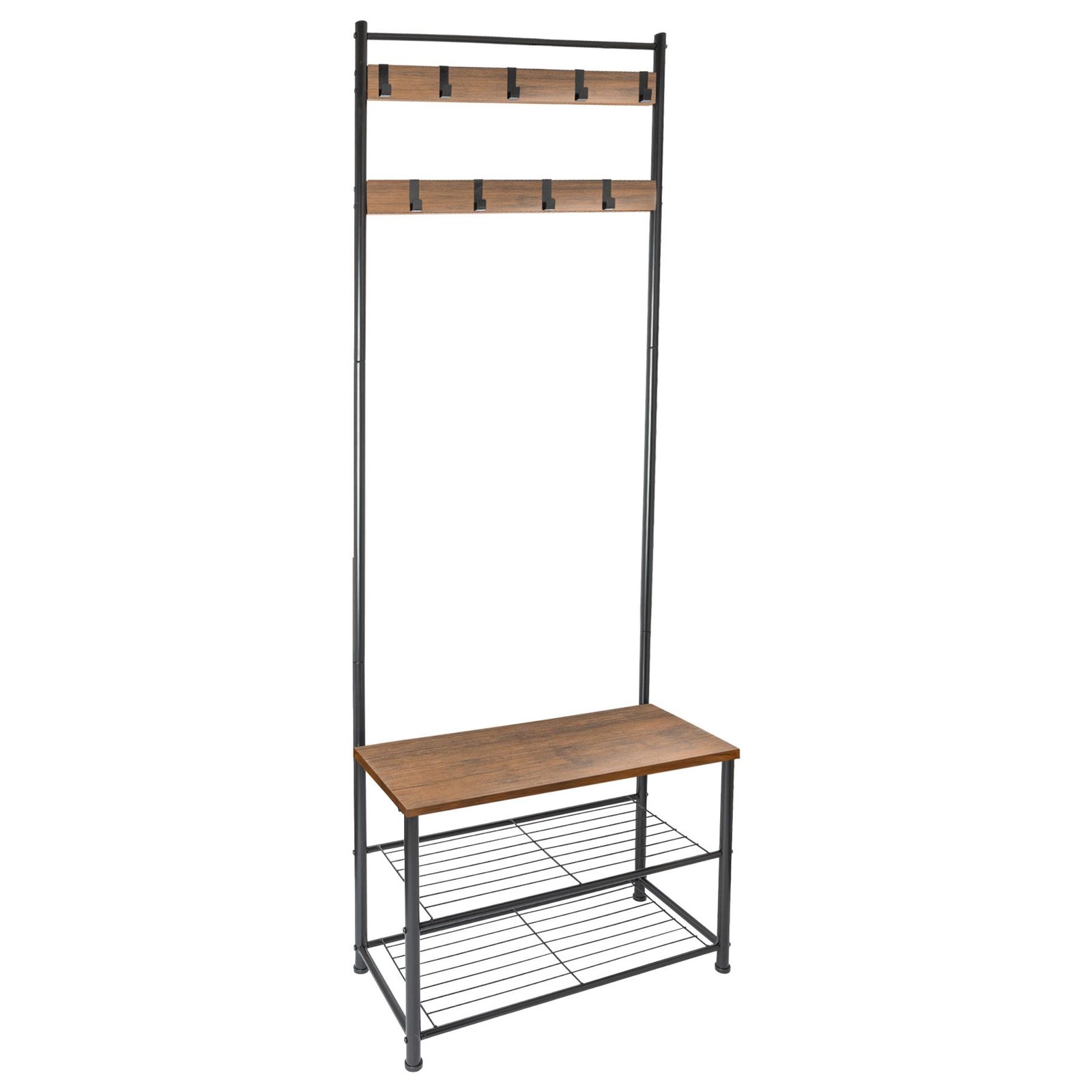 1x Steel Coat Rack with Shoe Storage Bench Square Clothes Hat Stand Black/Brown