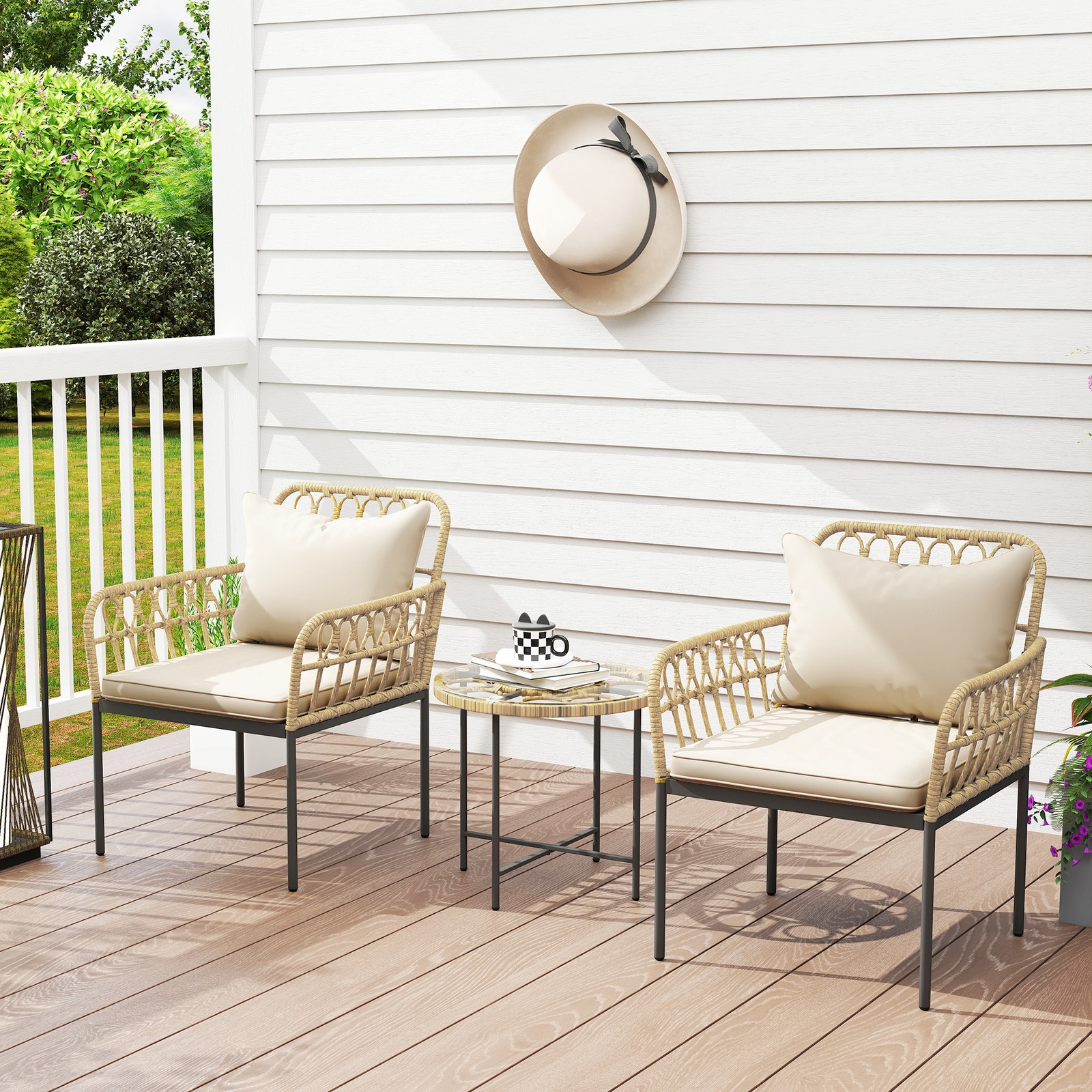 Rattan Bistro Set, Garden Table and Two Chairs with Cushions