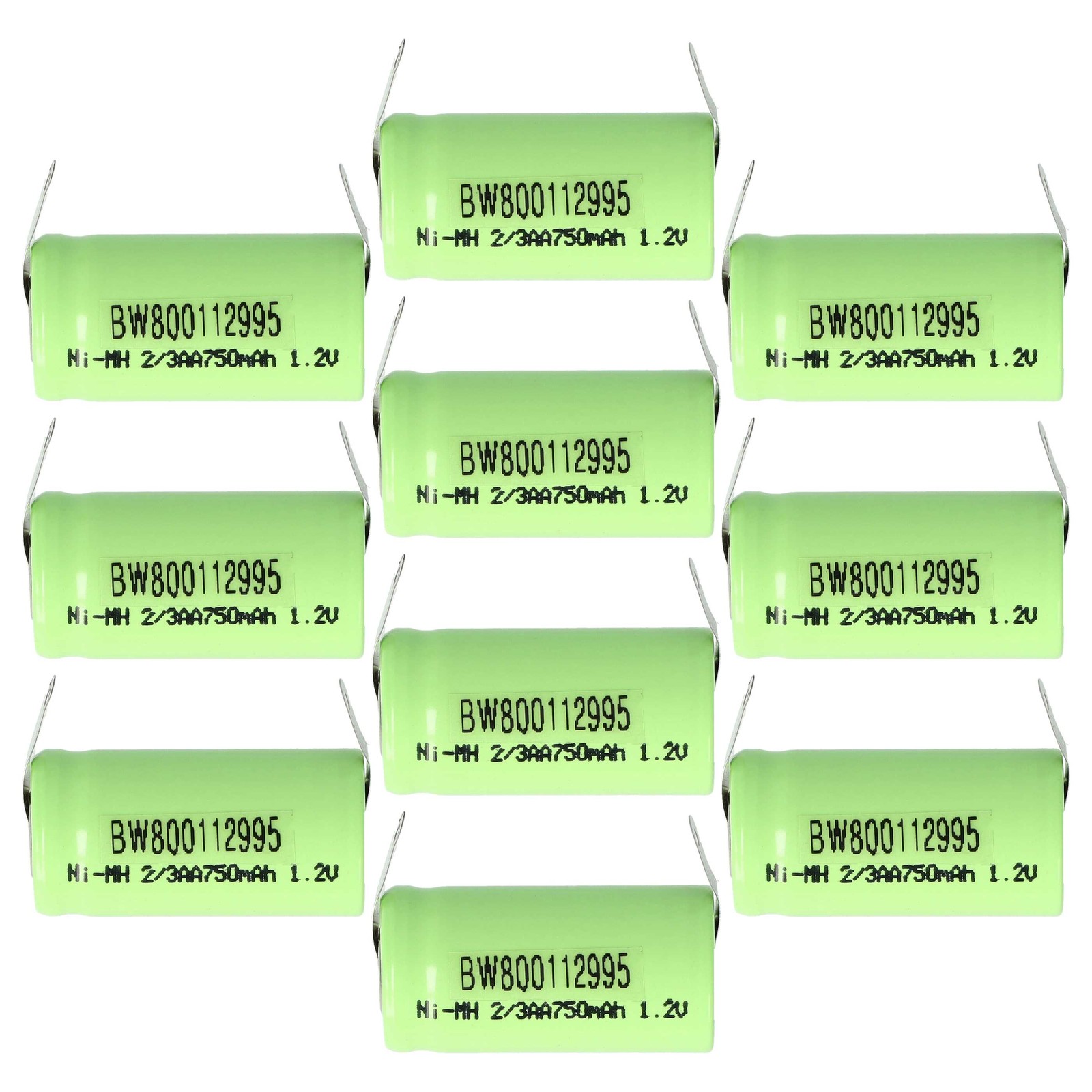 RC 10x Battery for 2/3AA Model Construction 750mAh 1.2V NiMH Green U-Solder Tag