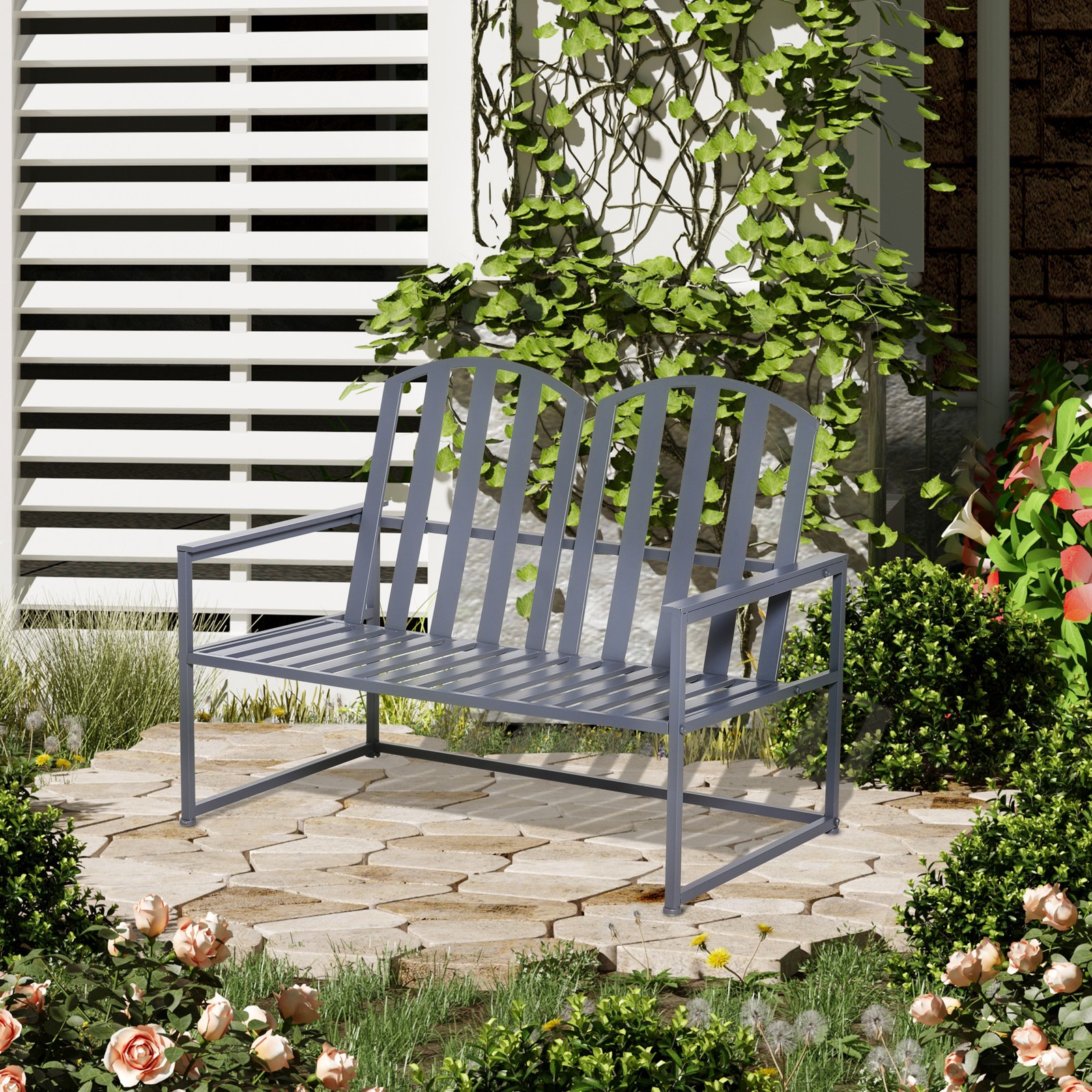 Steel Patio Garden Bench Loveseats for Outdoors Park Yard Slatted Design Grey