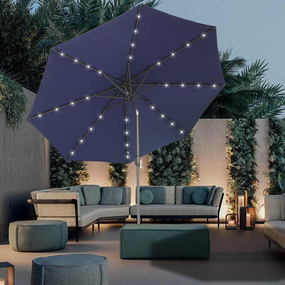 2.7M LED Solar Outdoor Parasol Garden Patio Sun Shade Umbrella Tilt Crank Blue