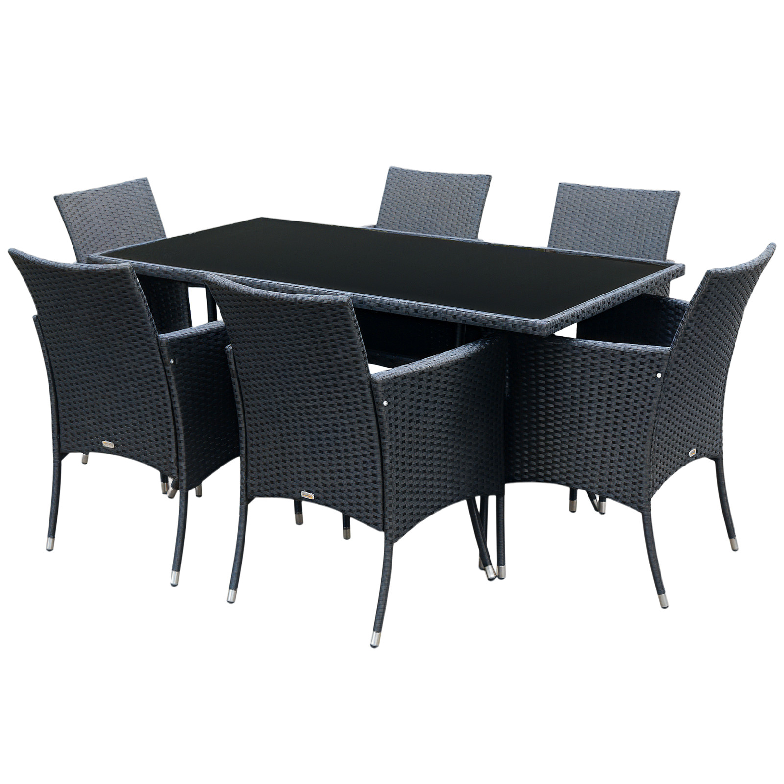 Outsunny Rattan Dining Set for 6 with Cushions, Glass Top Table, Black