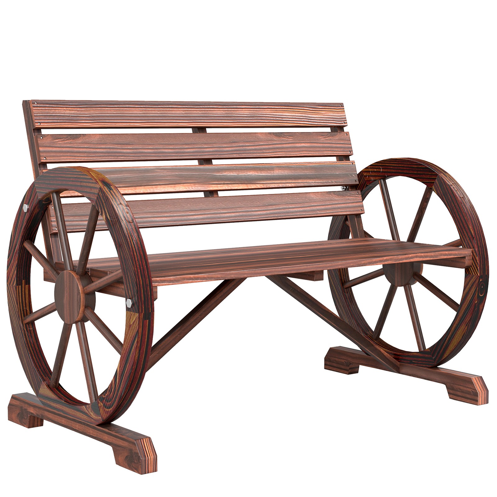 Outsunny 2 Seater Garden Bench w/ Wooden Cart Wagon Wheel Brown