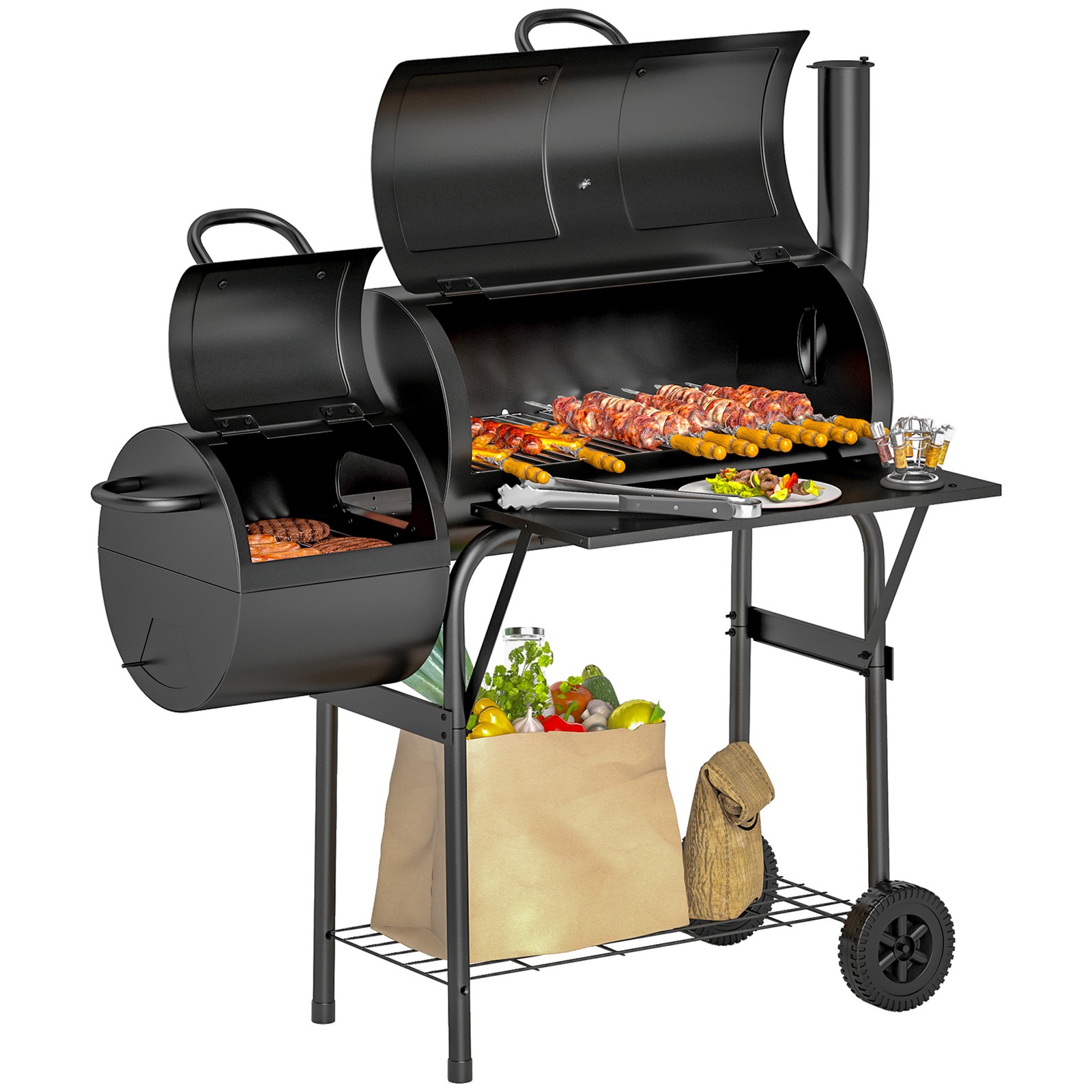 Outsunny Portable Outdoor Charcoal Grill BBQ Grill with Offset Smoker Black