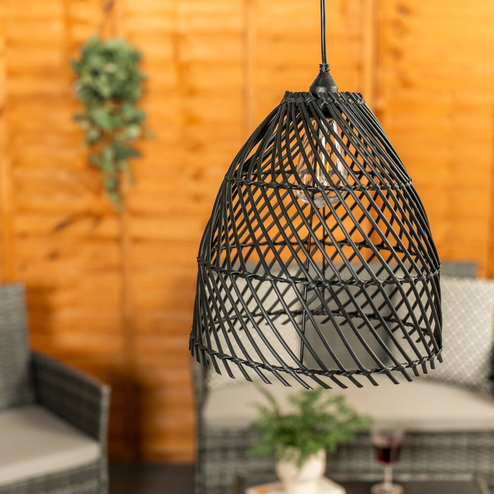 Battery Operated Outdoor Black Rattan Hanging Pendant Lamp Garden LED Lighting