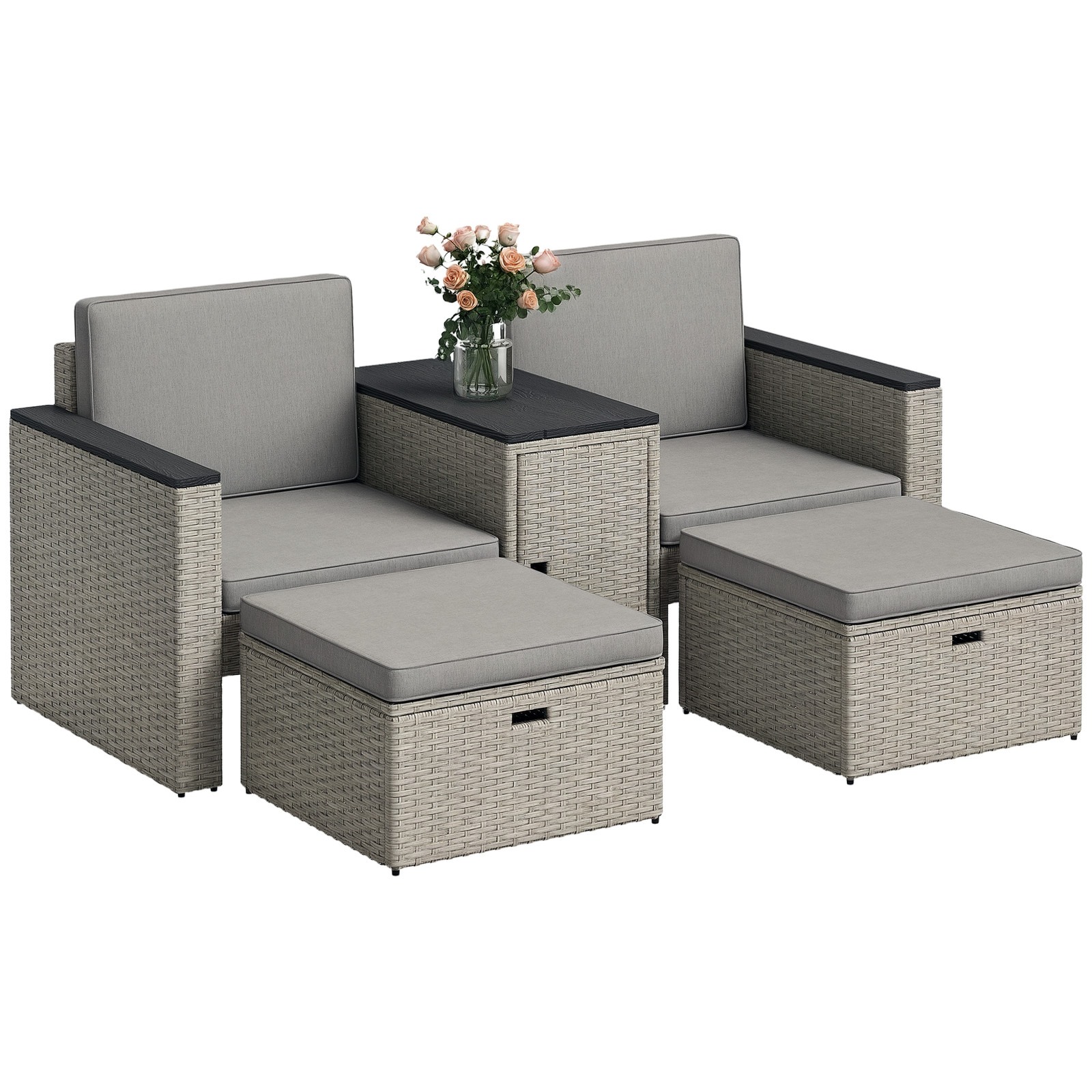 Outsunny 5 Piece Rattan Garden Furniture Set w/ Storage Table, Grey