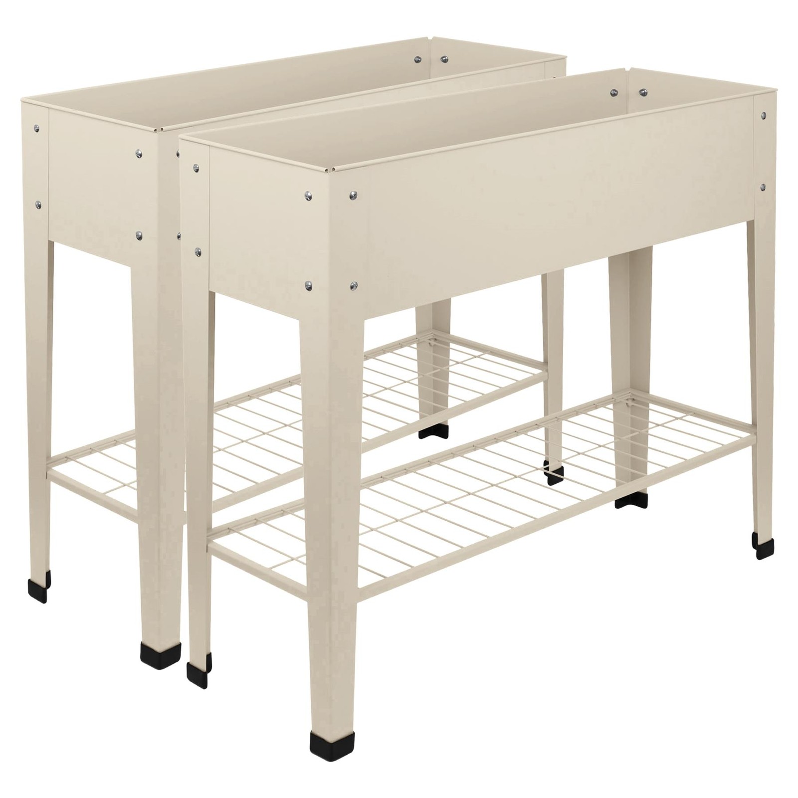 2x Elevated Raised Garden Beds with Legs & Storage Shelf Ivory Galvanised Steel