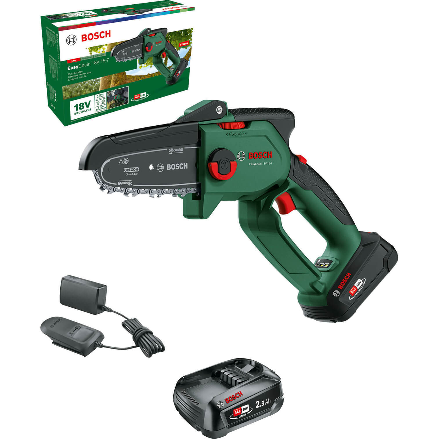Bosch EASYCHAIN 18V-15-7 P4A 18v Cordless Brushless Chainsaw 150mm 2 x 2.5ah Li-
