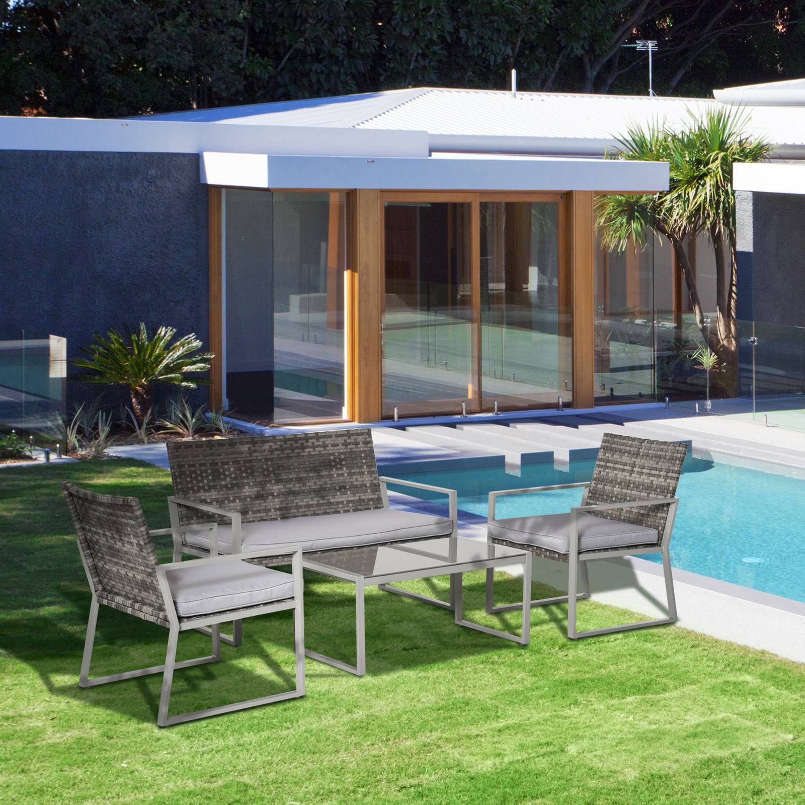 4-Piece Deluxe Outdoor Patio PE Rattan Wicker Sofa Chaise Lounge Furniture Set