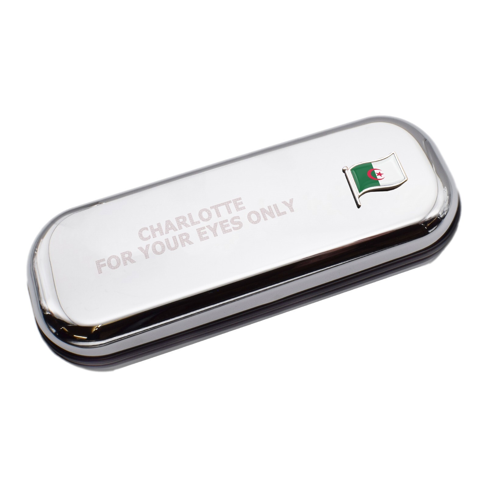 Algeria Wave Flag & Engraved With Message Chromed Glasses Case Box