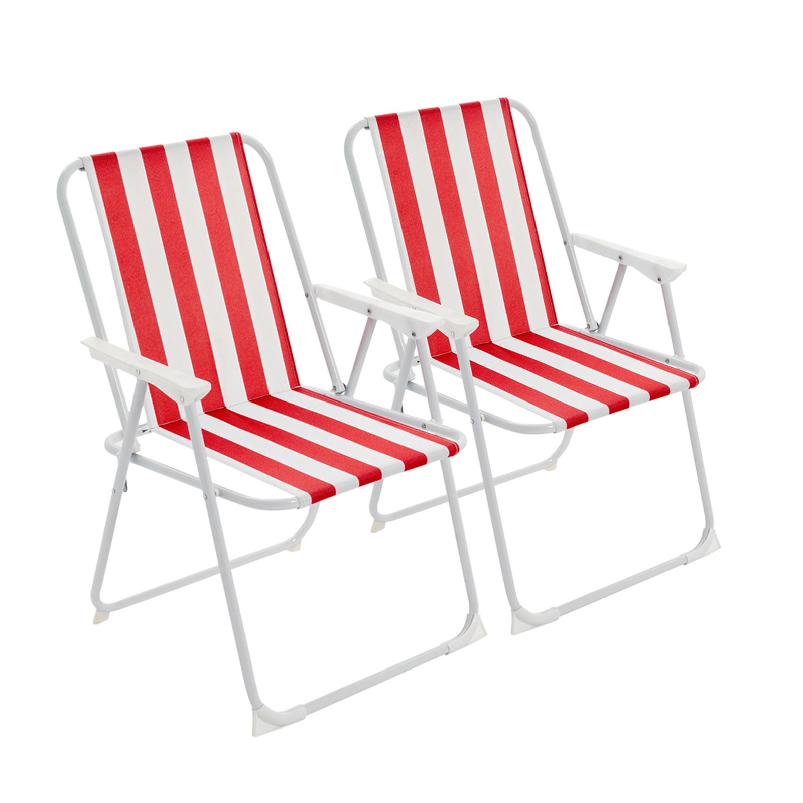 Metal Garden Armchair Folding Low Portable Camping Beach Chair, Red Stripe x2