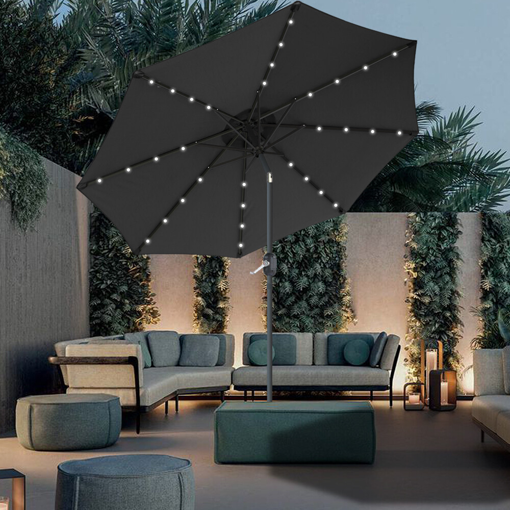 2.7M Round LED Garden Parasol Outdoor Patio Sun Shade Umbrella Tilt Crank Black