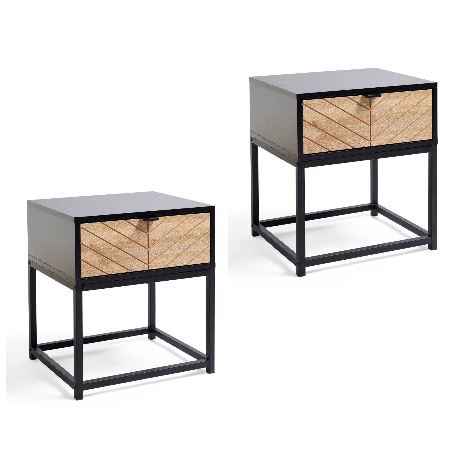 Chevron Side Tables Set of 2 Bedside Nightstands Black & Wood Effect | VonHaus
