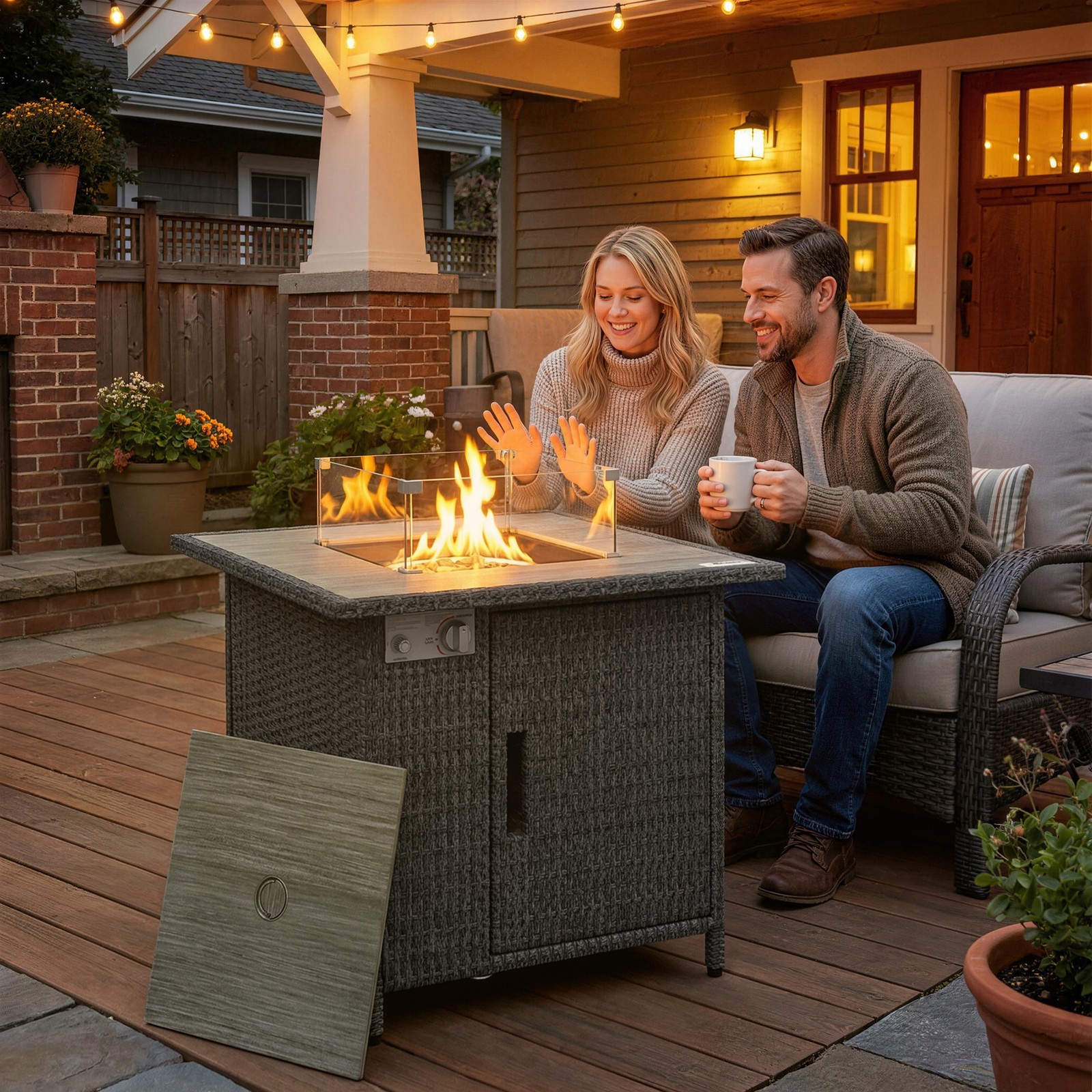 Rattan Gas Fire Pit Table with Rain Cover, Wind Guard, Lava Rocks, 14.5 KW