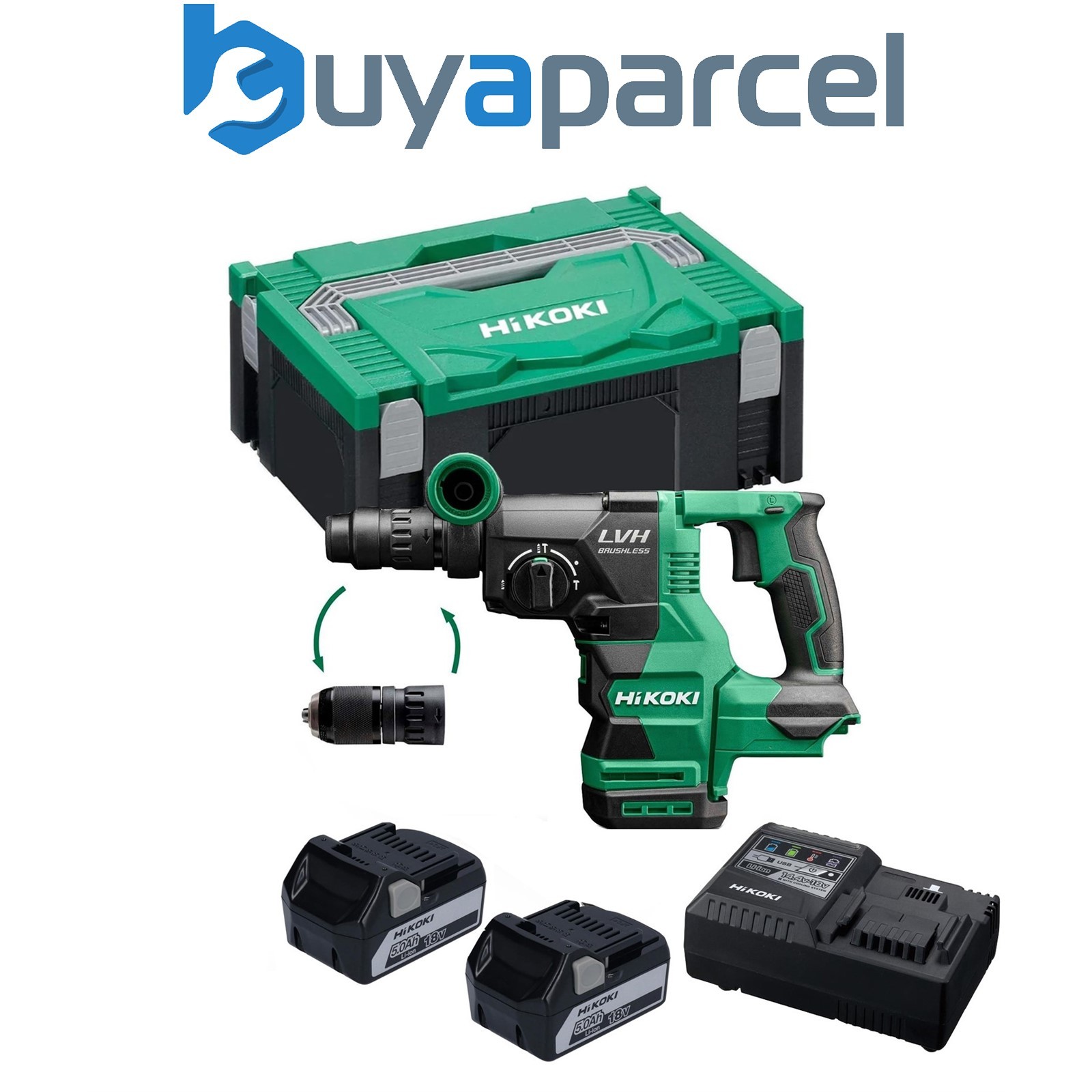 HiKOKI DH1826 Brushless 18v SDS+ 3.2J Rotary Hammer Drill X2 5AH + Case + Chuck