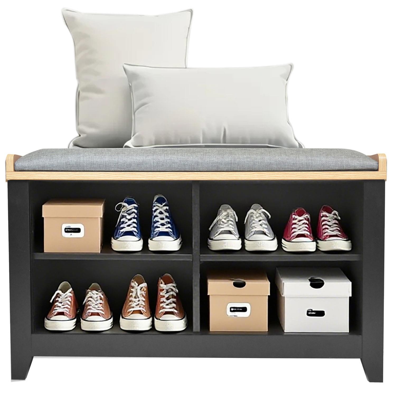 Hallway Shoe Storage Bench Black with Padded Seat 4 Shelves Entryway Shoe Rack