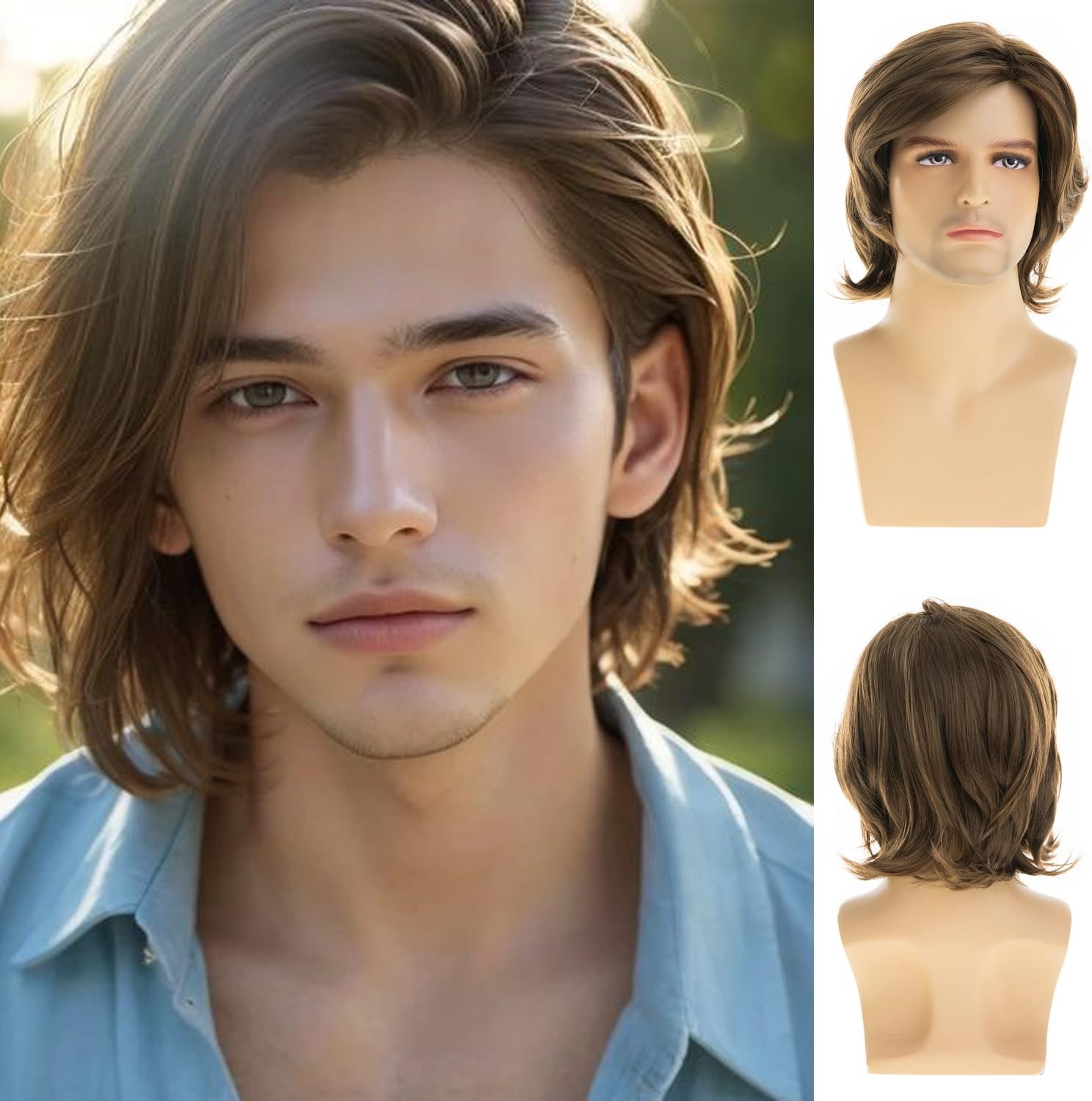 Short Straight Brown Wigs for Men Natural Synthetic Side Part Heat Resistant Ha