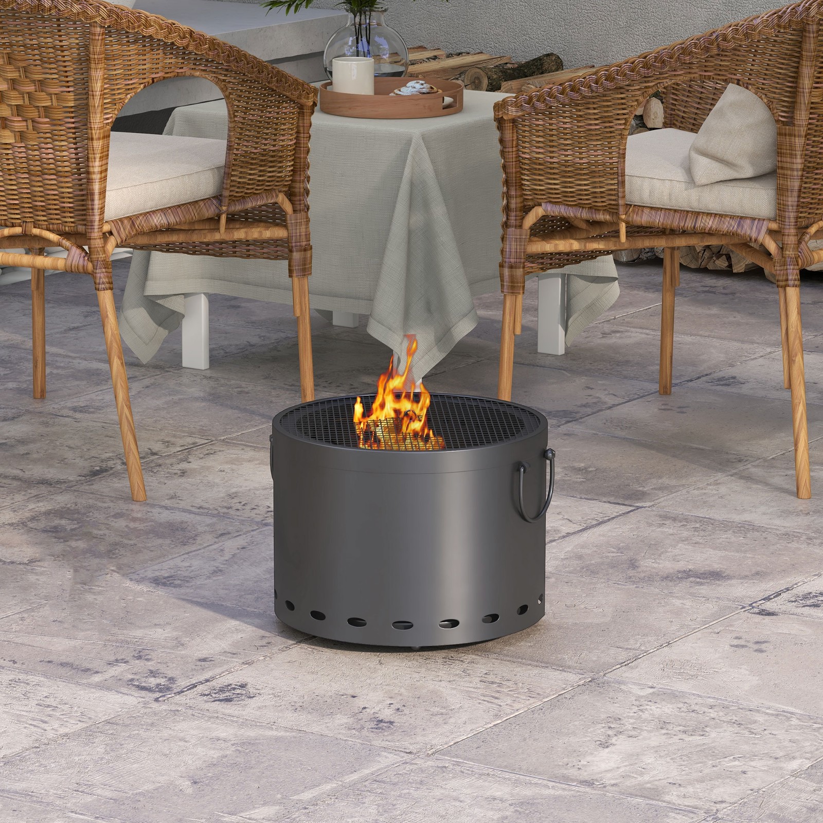 Smokeless Fire Pit Portable Wood Burning Firepit with Mesh Lid, Dark Grey