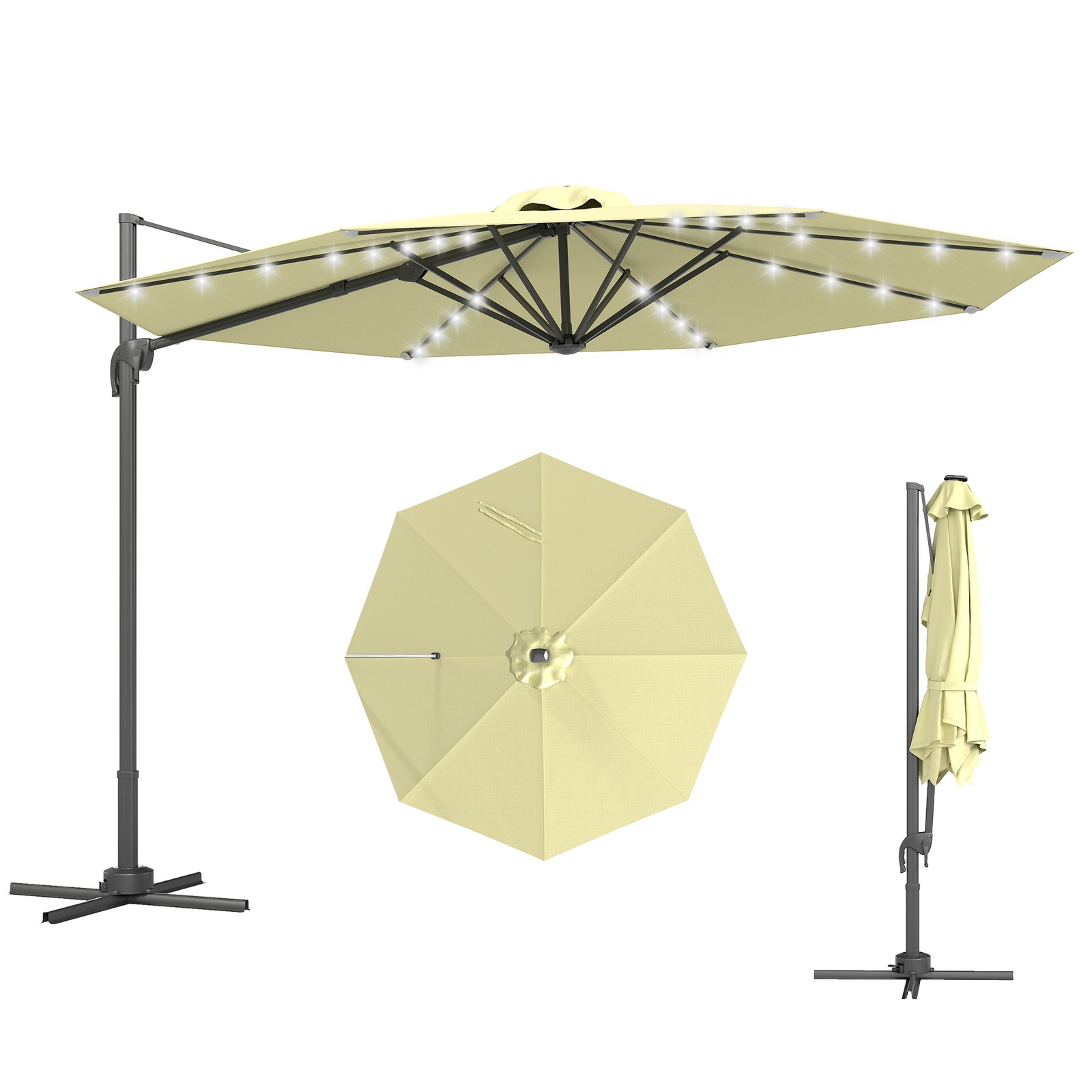 Outsunny 3(m) Cantilever Parasol Patio Sun Umbrella w/ Base Solar Lights Beige