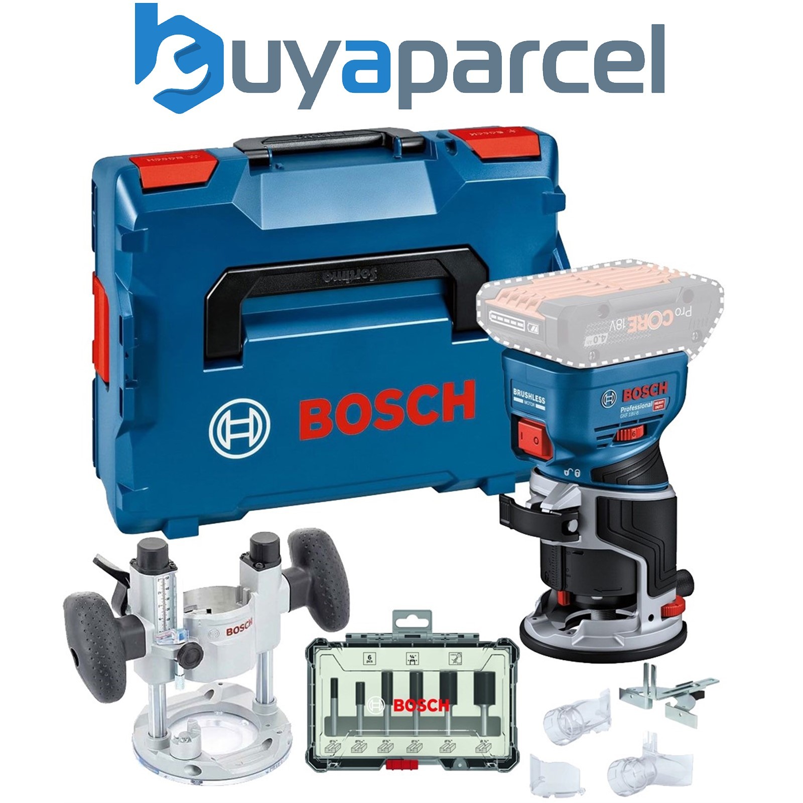 Bosch GKF 18v Brushless Palm Router Trimmer Lboxx Plunge Base + 6PC Cutter Set