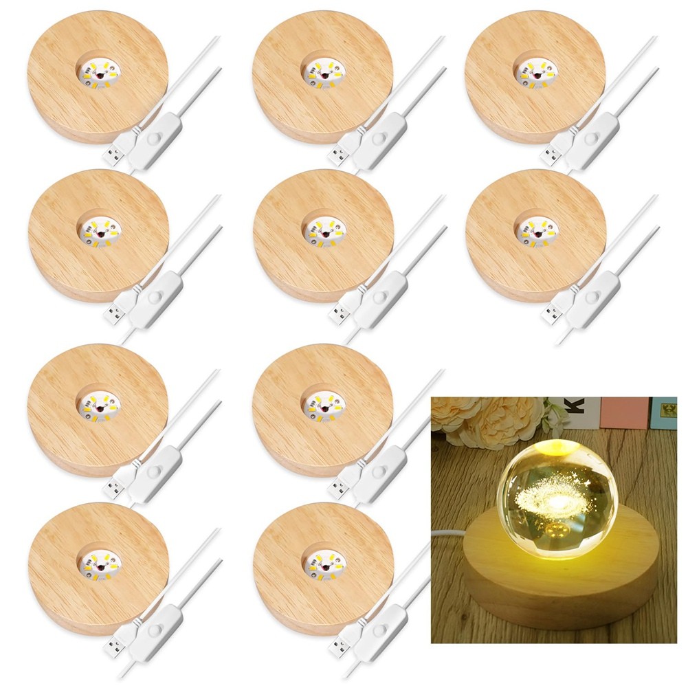10 Pcs Wooden LED Display Bases Round Wood Display Lighted Bases for Glass8996