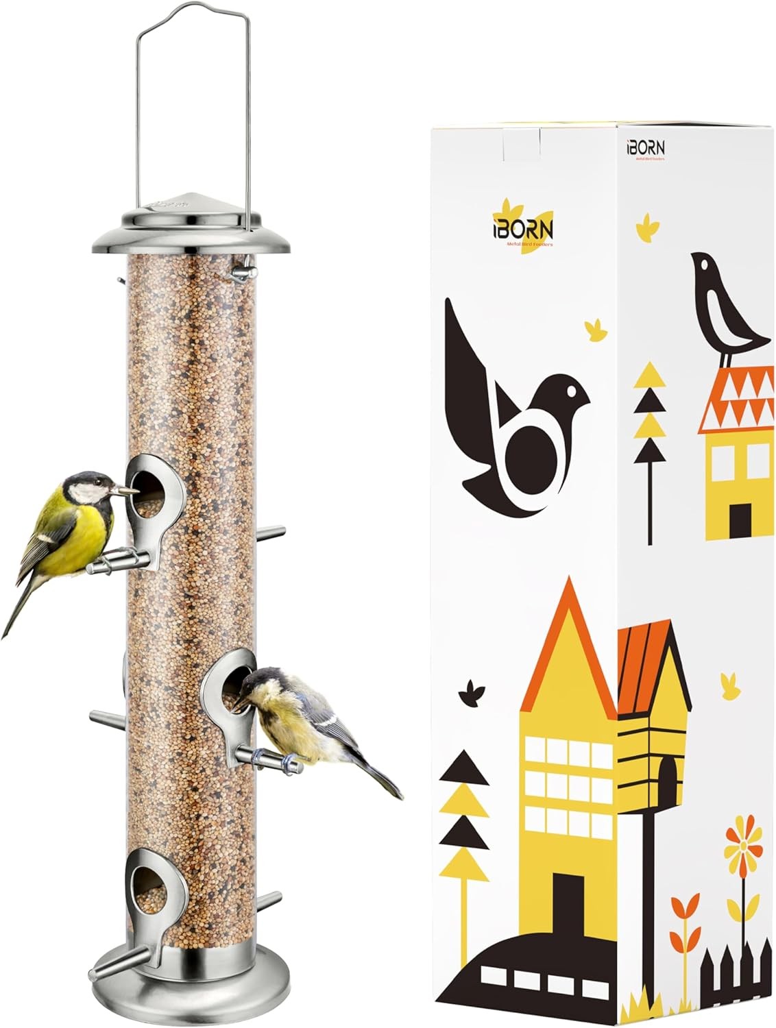 iBorn Metal Bird Feeders 6 Ports Hanging Wild Bird Seed Feeder for Mix Seed Ble