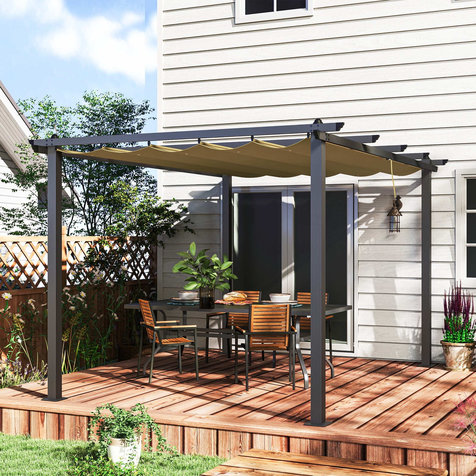 Outsunny 3 x 4m Aluminium Pergola with Retractable Roof, Garden Gazebo Khaki