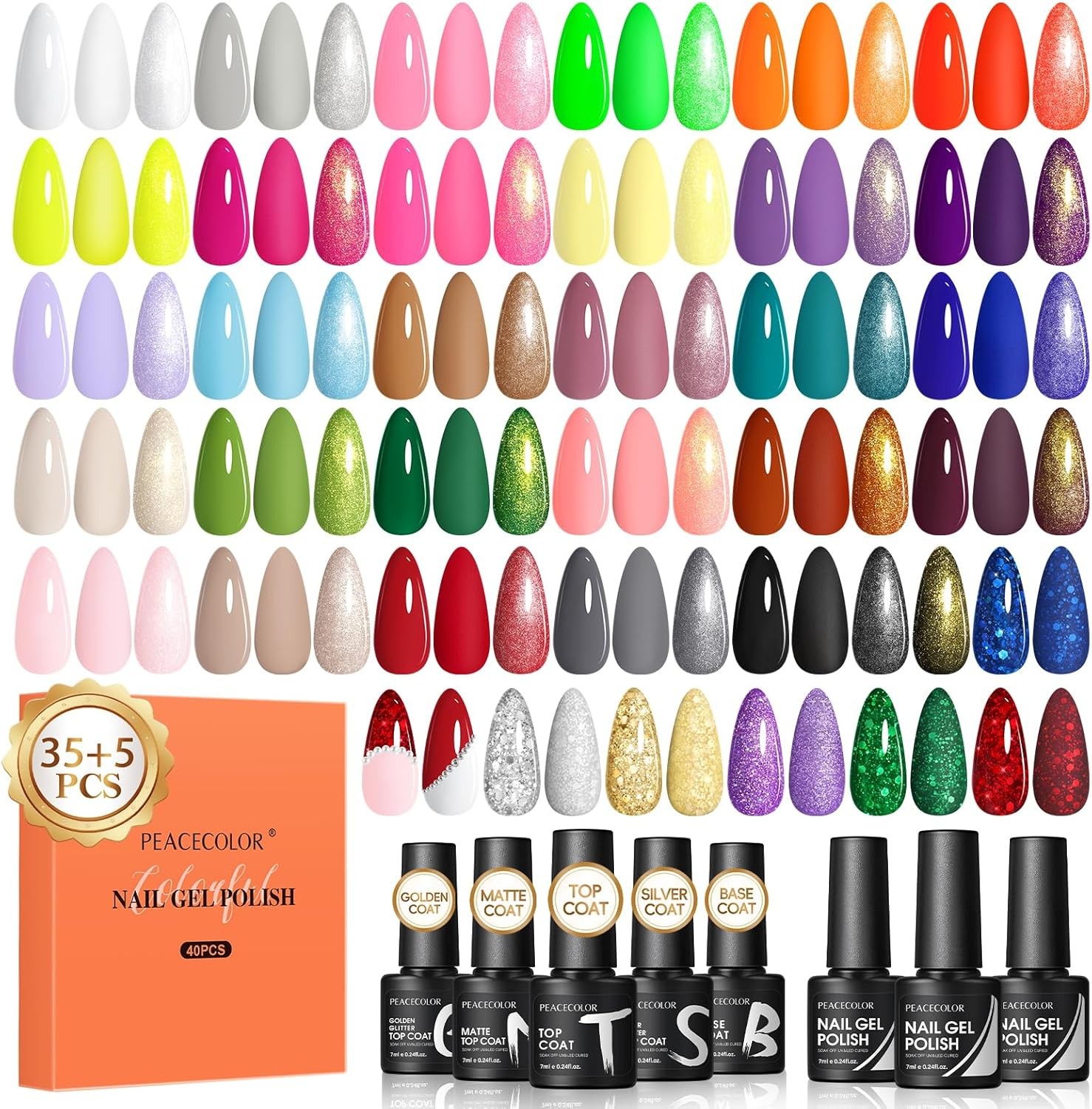 Peacecolor 40PCs Gel Nail Polish Set 35 Neon Colors Red Green Pink Yellow Gel P