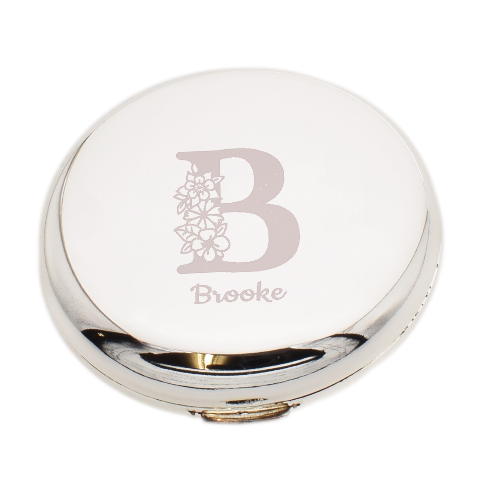 Personalised Floral Letter & Name Design Silver Finish Round Handbag Mirror