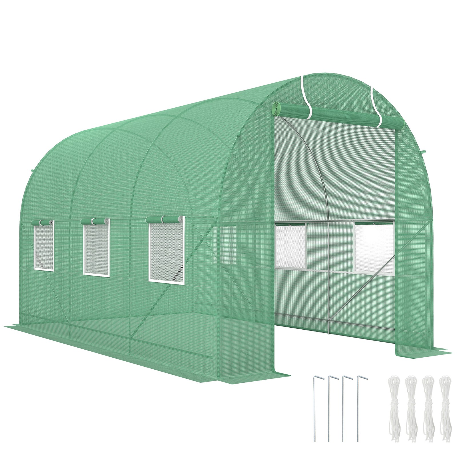 Outsunny 3.5 x 2m Walk-In Polytunnel Greenhouse with Roll Up Door Windows Green