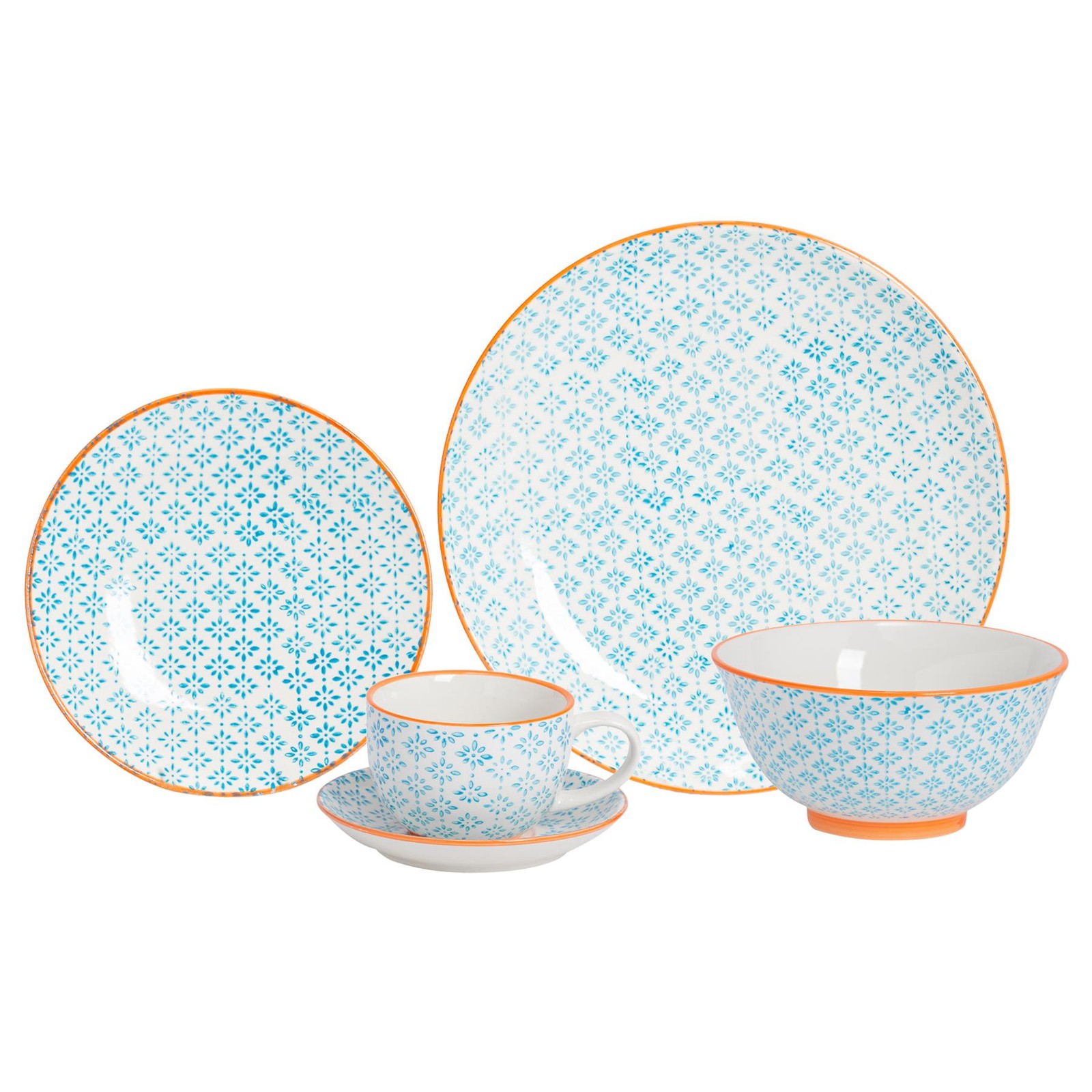 30 Piece Hand-Printed Dinner Set Porcelain Plates Bowls Cups Saucers Blue