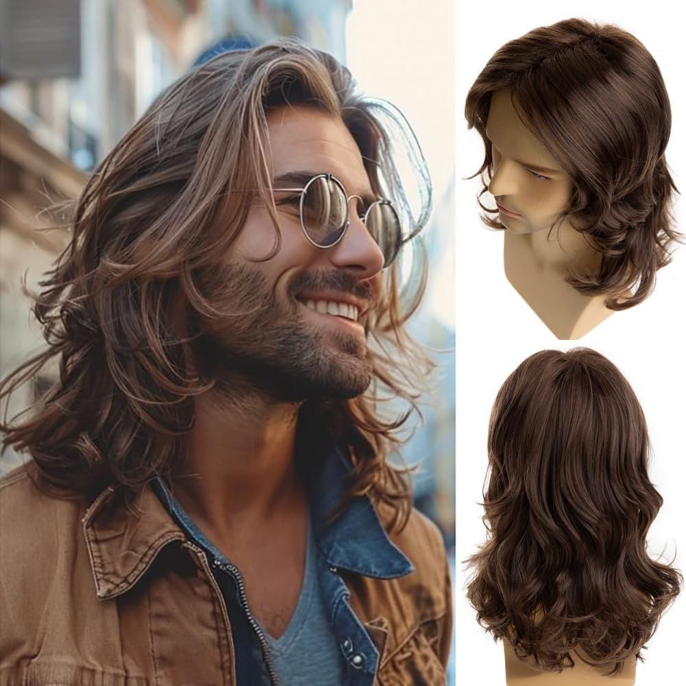 Mens Long Brown Wavy Wig Synthetic Layered Cosplay Party
