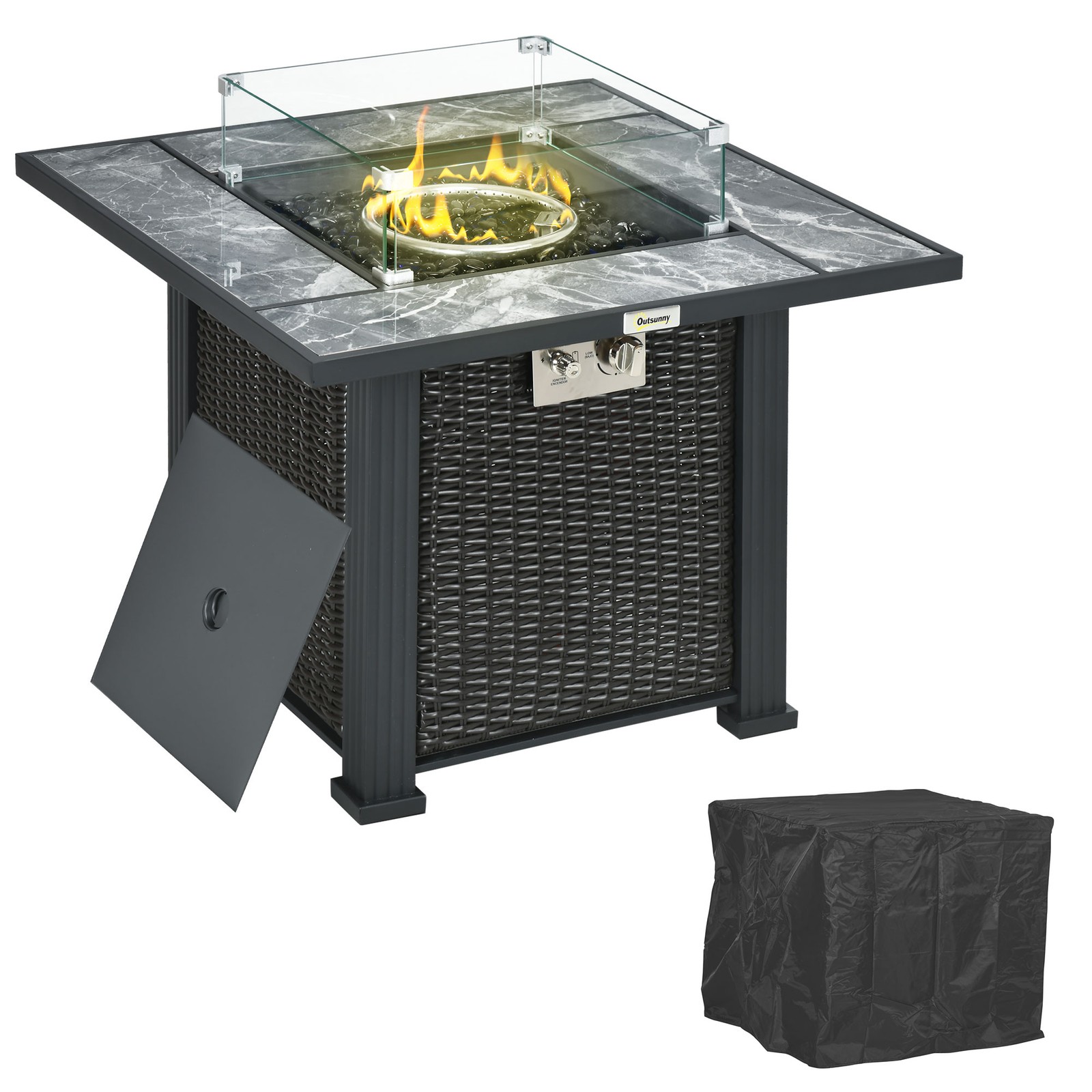 Outsunny Rattan Fire Pit Table with Rain Cover and Windscreen, 50,000 BTU